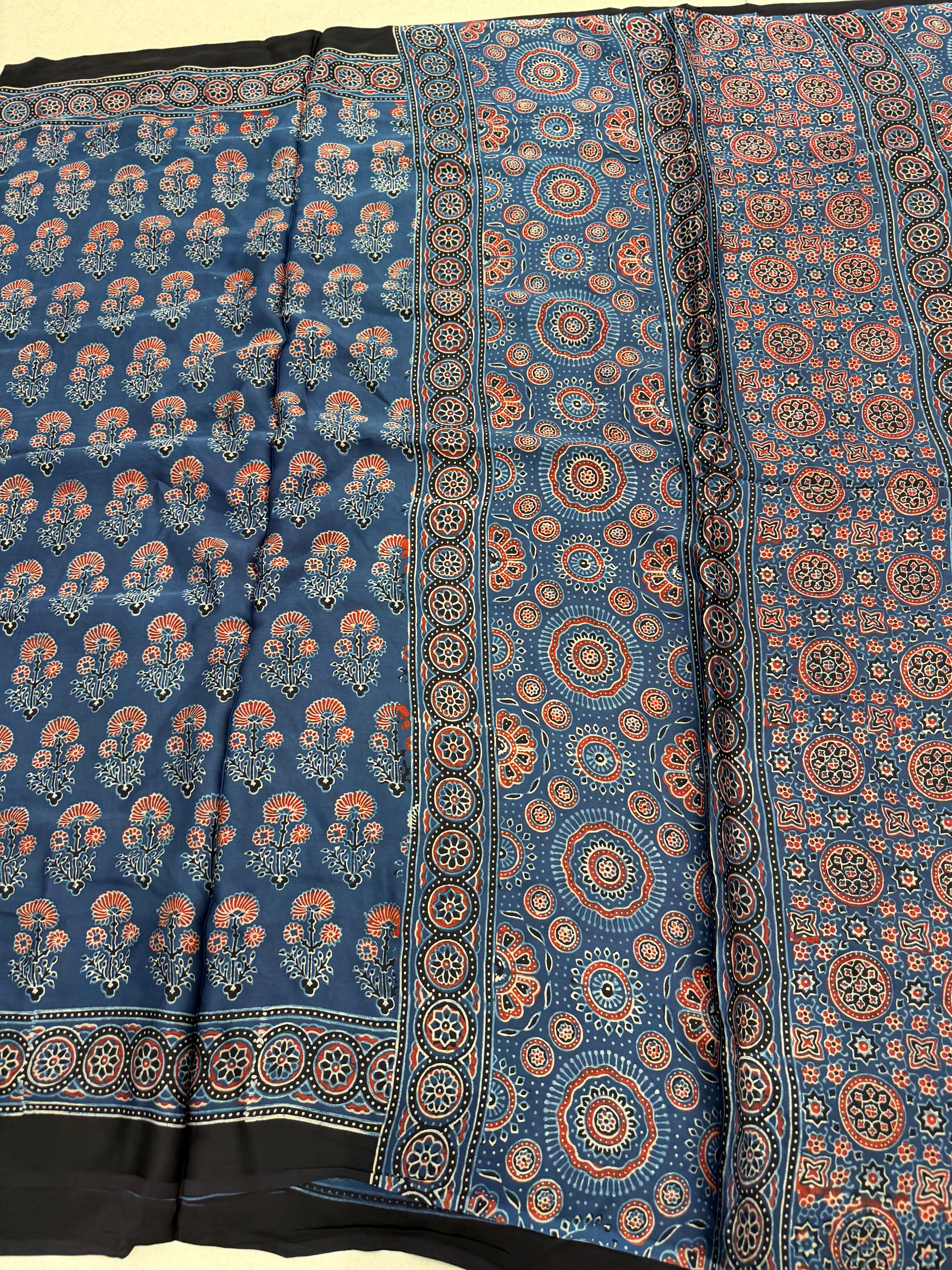 Blue Floral Buttas Ajrakh Hand Block Print Pure Gajji Silk Saree