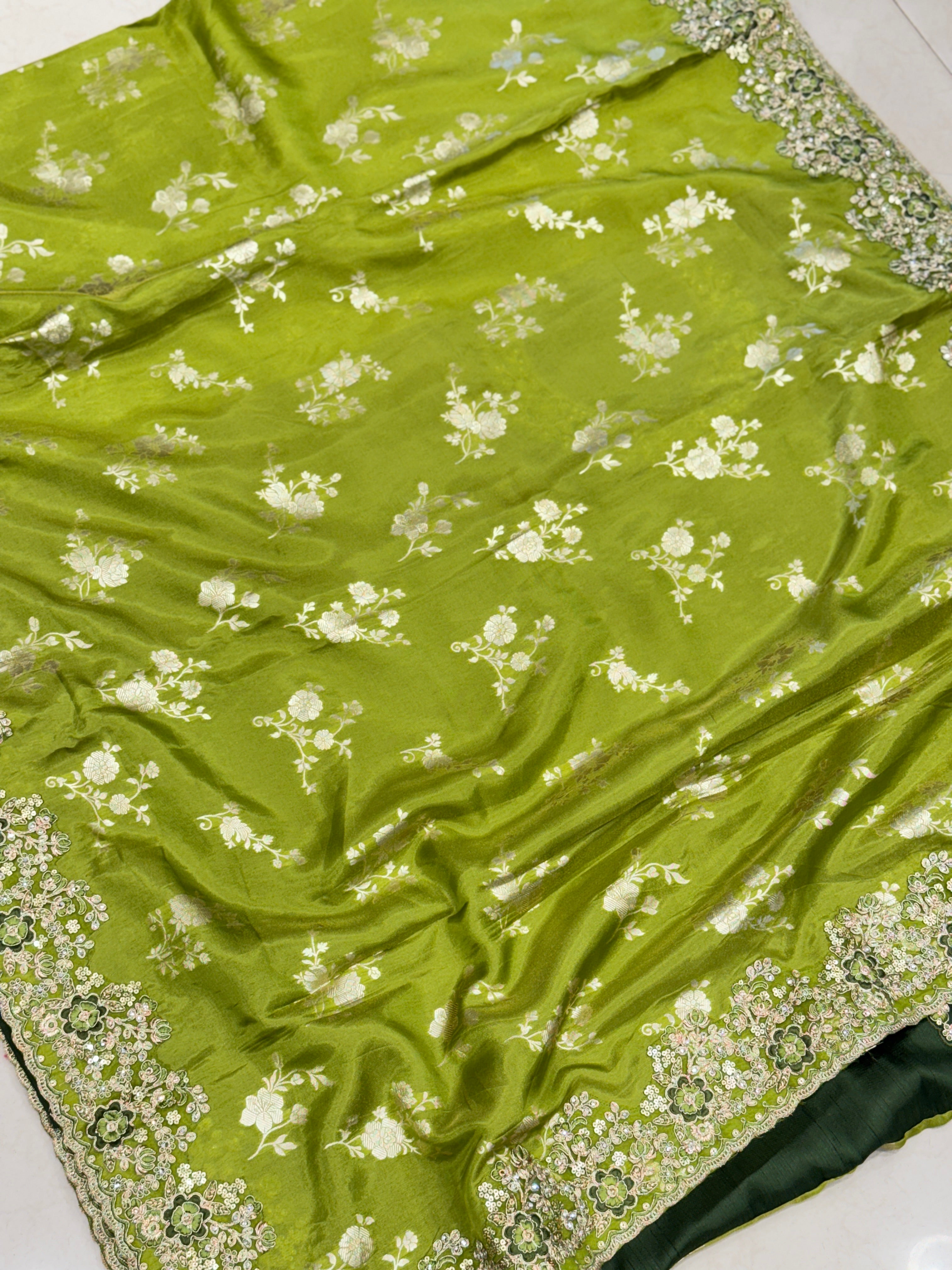 Green Crepe Tissue Embroidery Saree