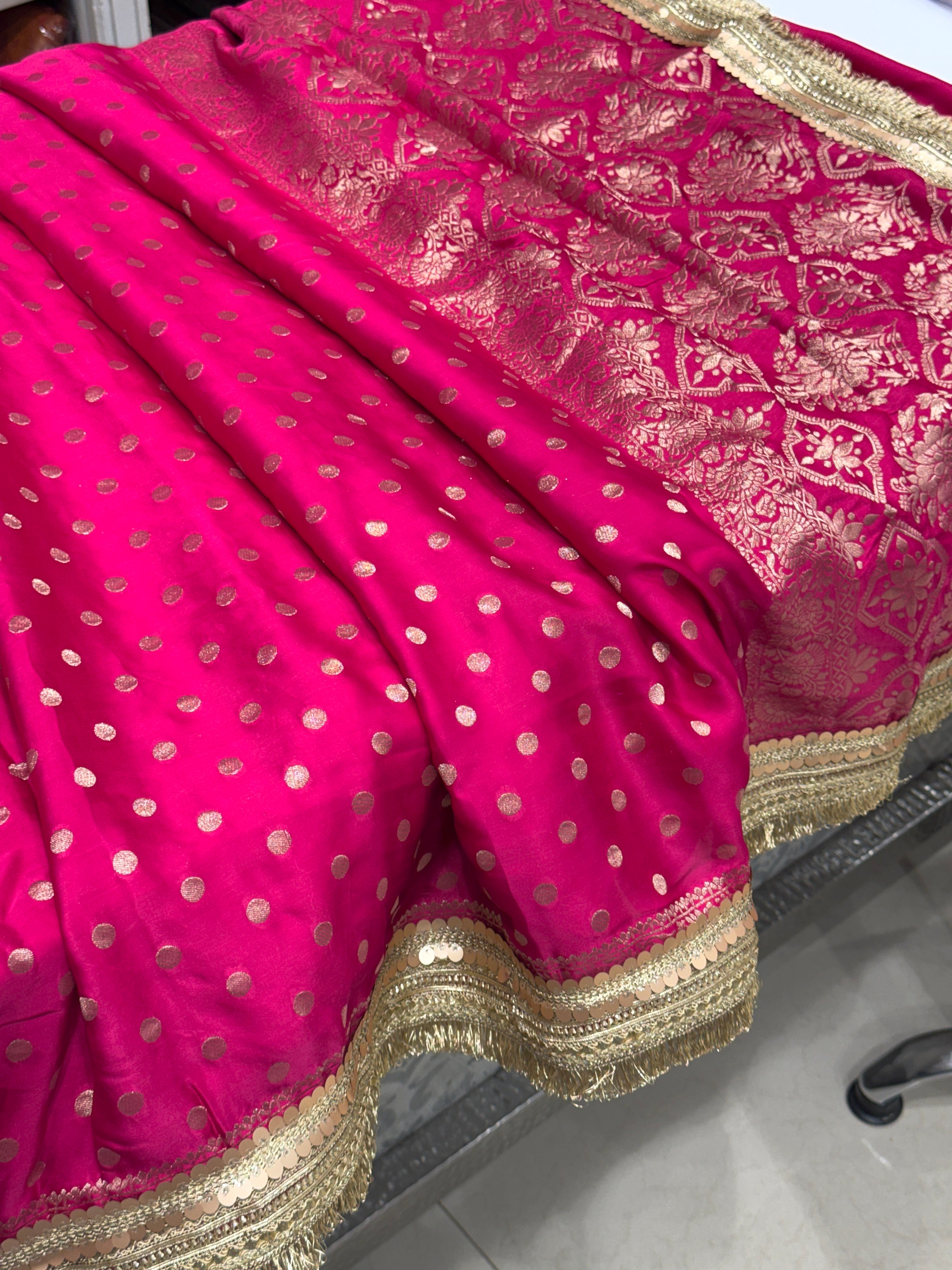 Rani Polka Dot Satin Silk Maharani Lace Saree