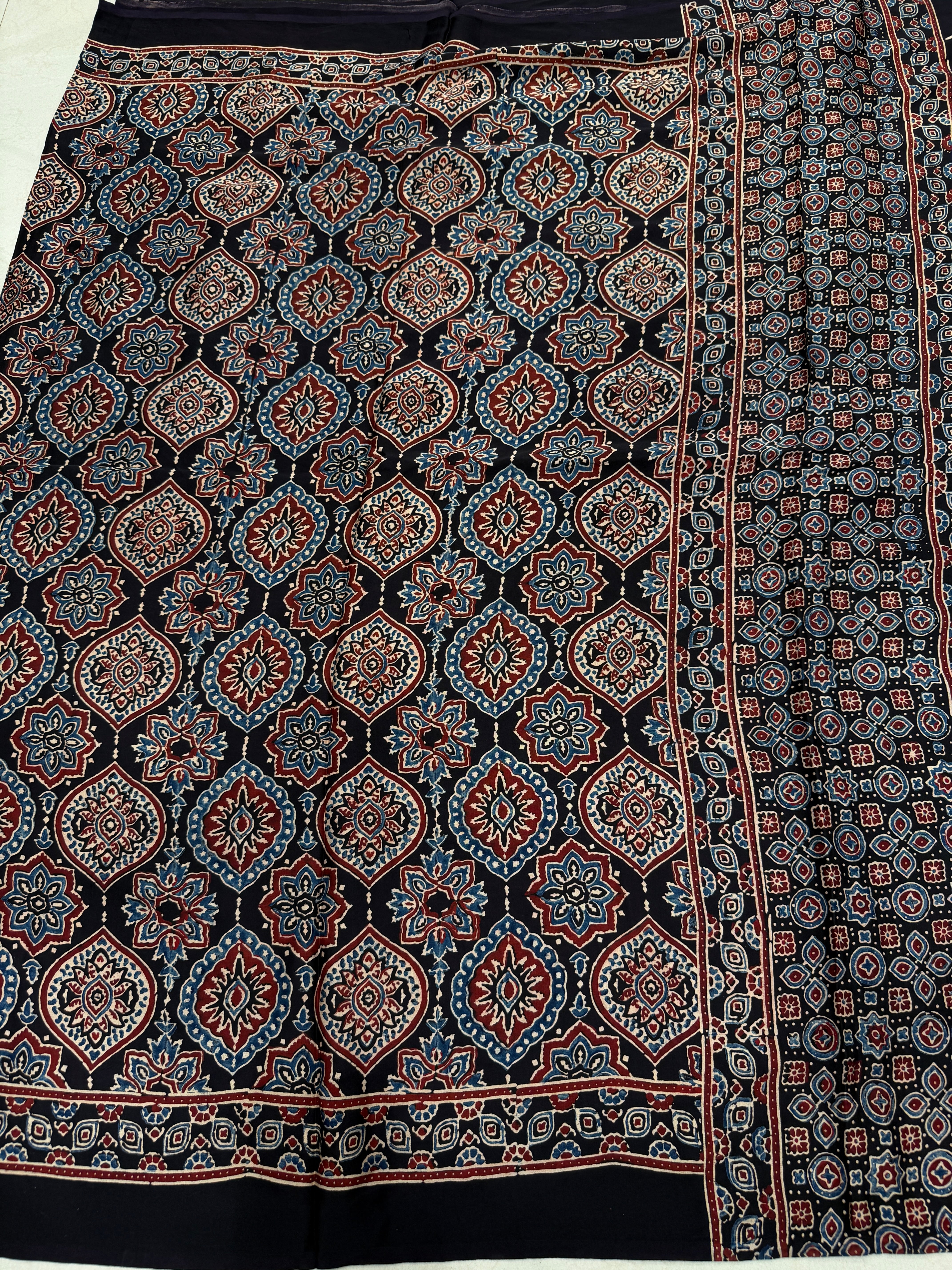 Black Badam Jaal Ajrakh Block Print Hand Pure Gajji Silk Saree