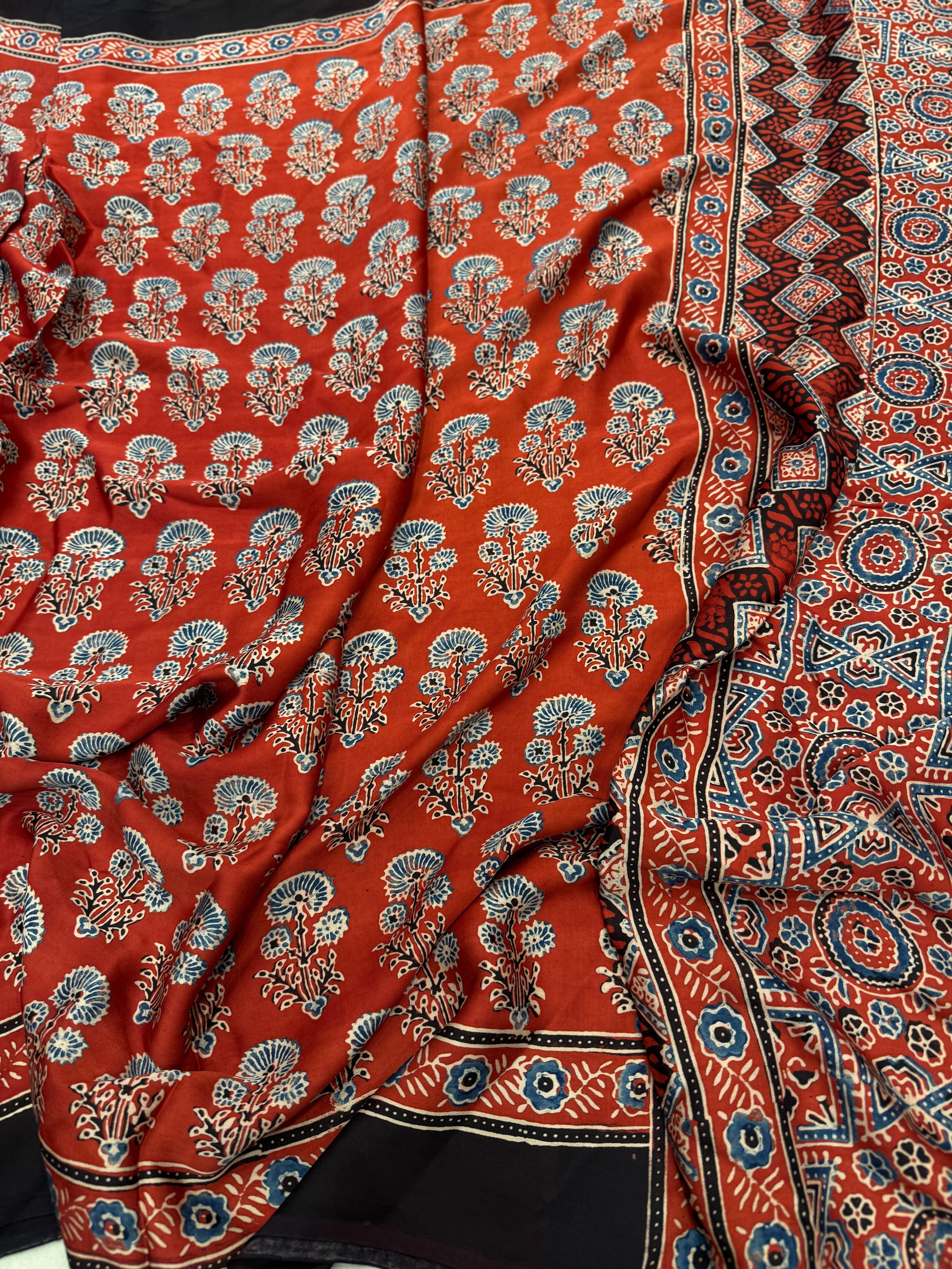 Red Floral Butta Ajrakh Hand Block Print Pure Gajji Silk Saree