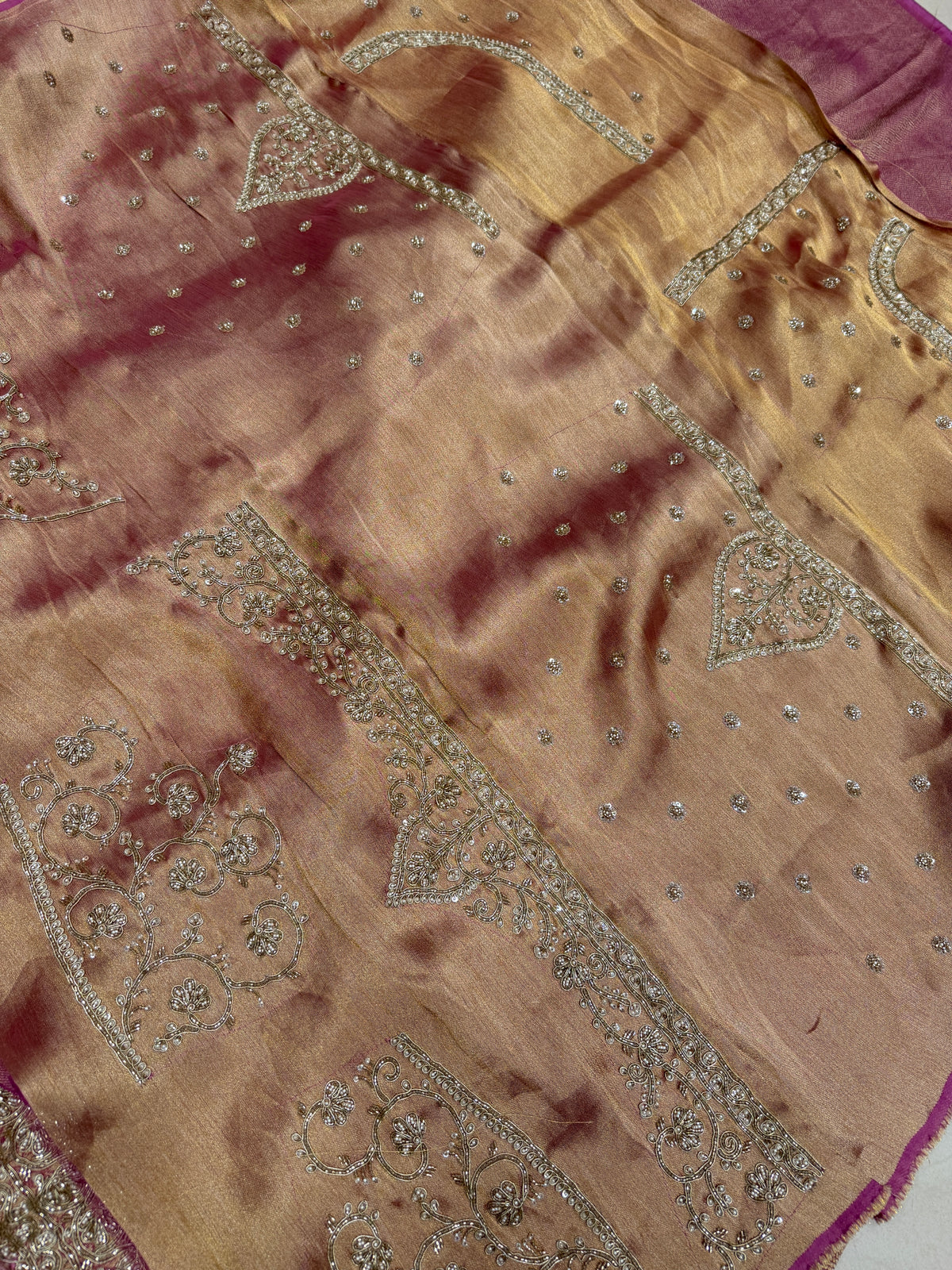 Purple Crepe Tissue Weaved Moti Cutana Embroidery Saree