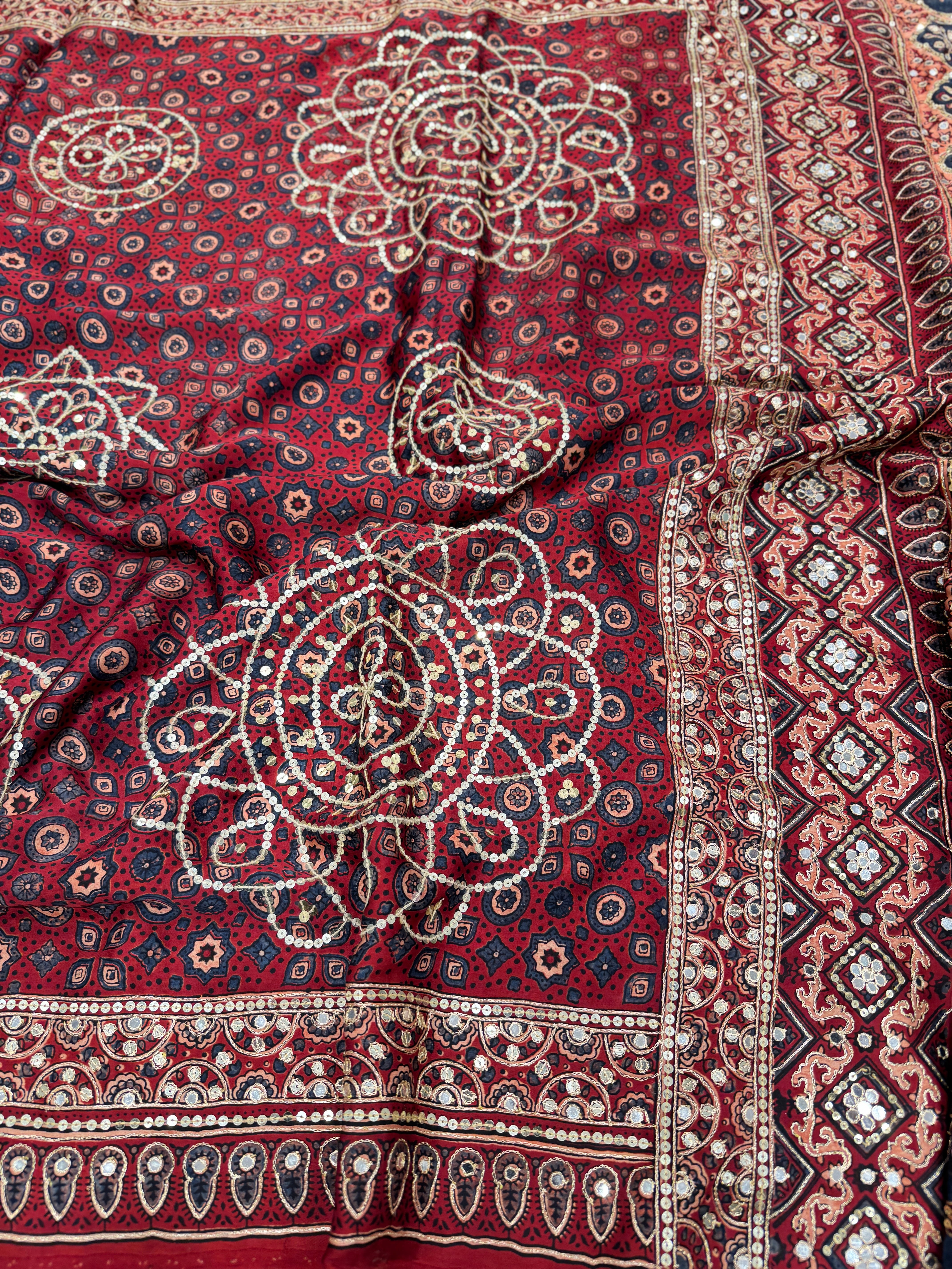 Red Alia Bhatt Inspired Hand Embroidery Ajrakh Saree