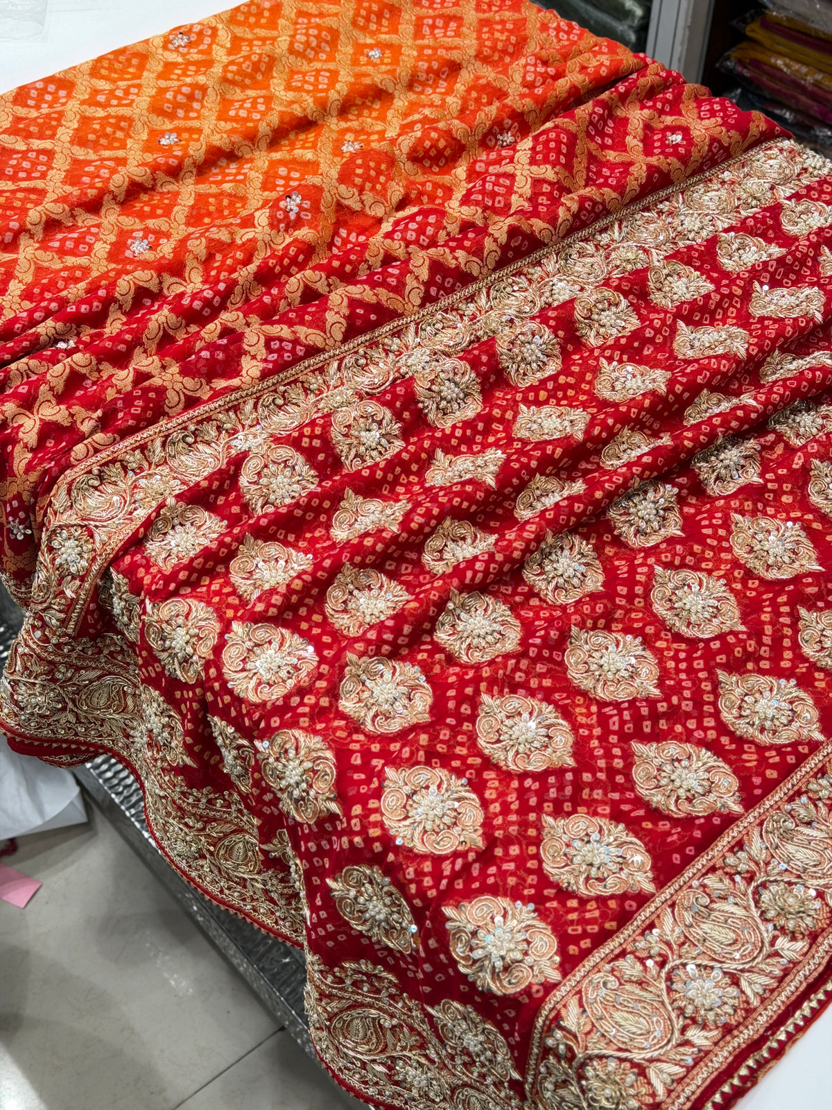 Red Orange Shaded Bandhej Georgette Saree Zardosi Hand Embroidery Saree