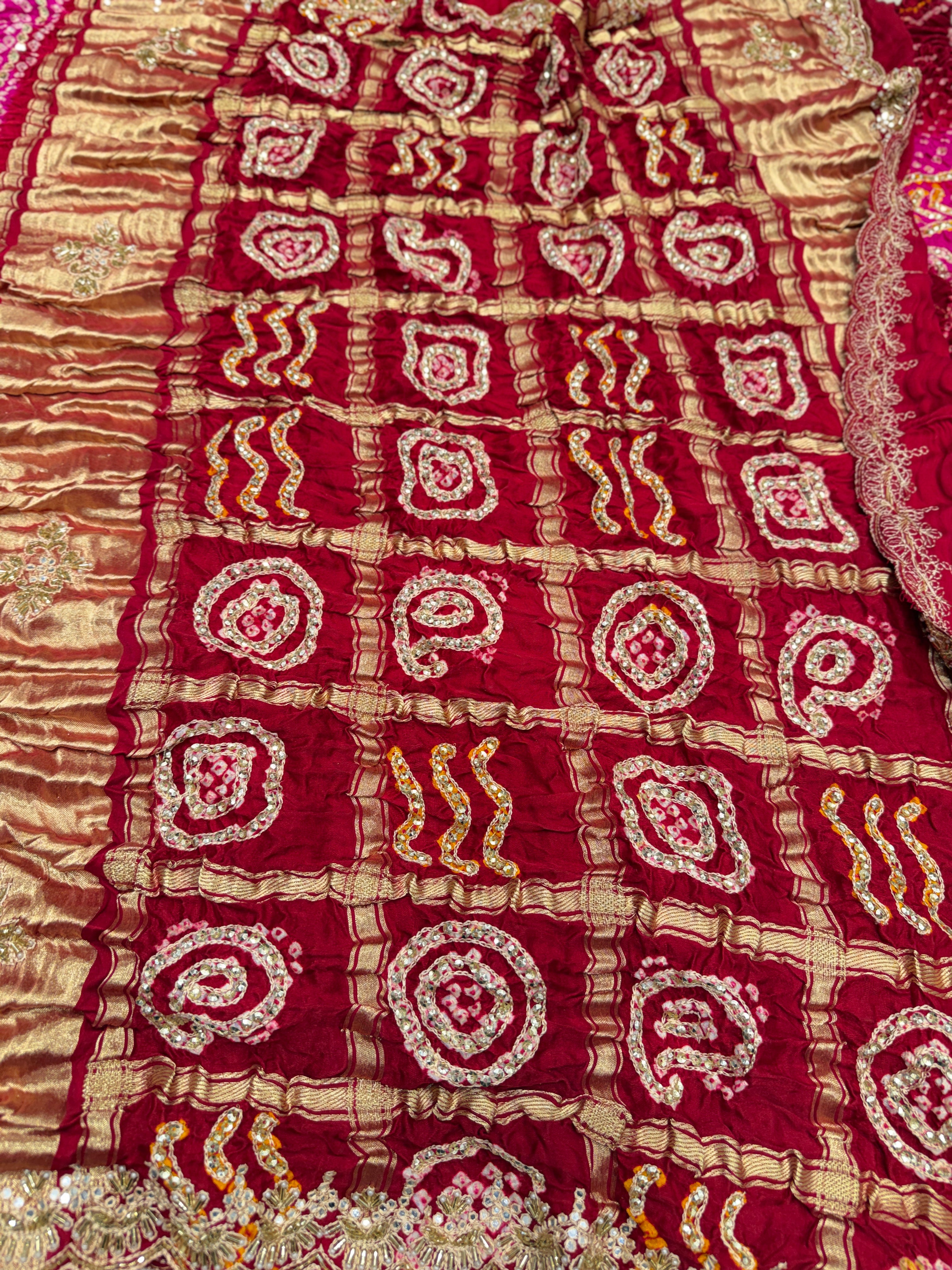Maroon Rani Gajji Silk Rai Bandhej Gharchola Hand Embroidery Saree