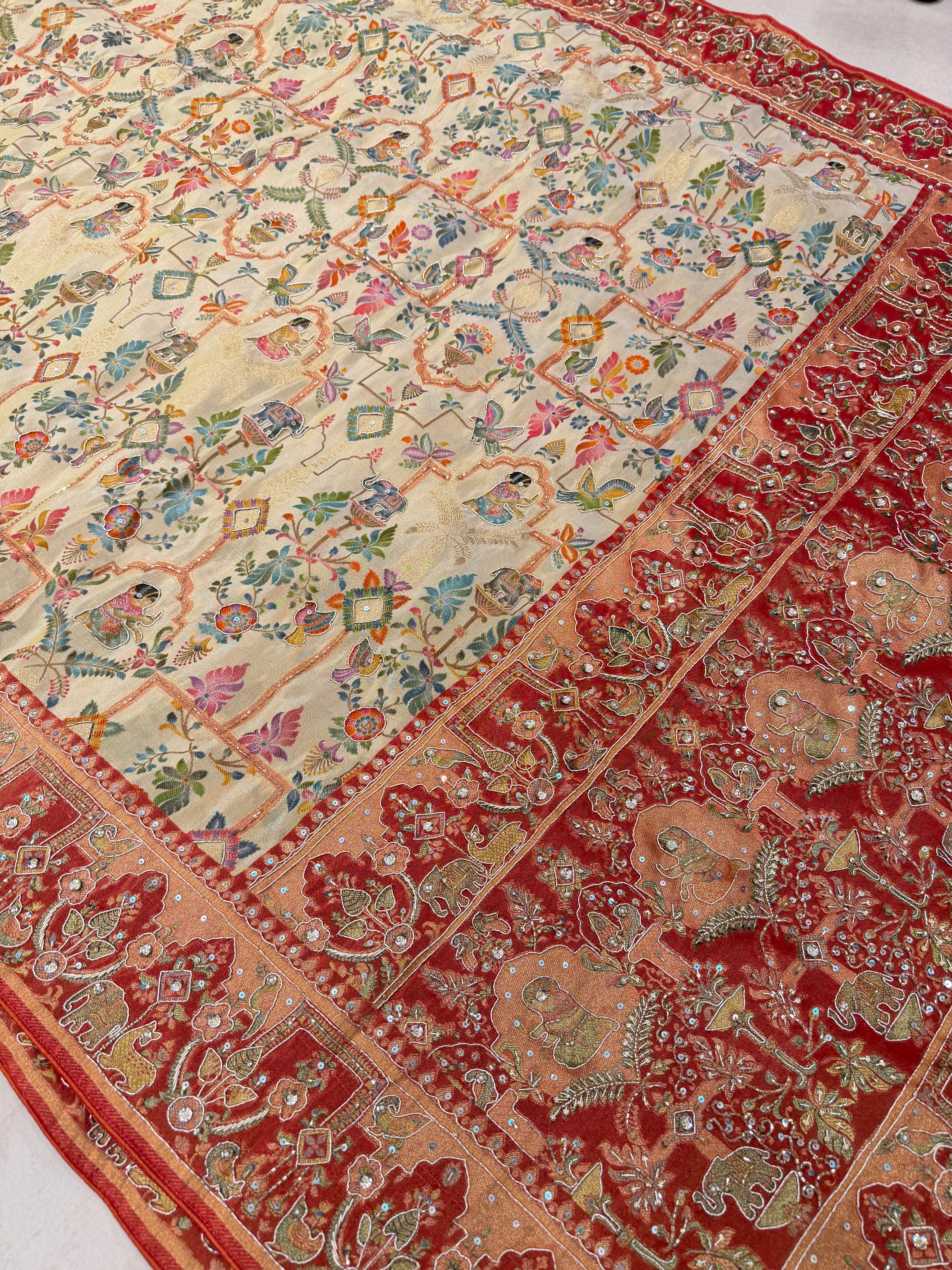 Beige Munga Tissue Weaved Pashmina Style Hand Embroidery Saree