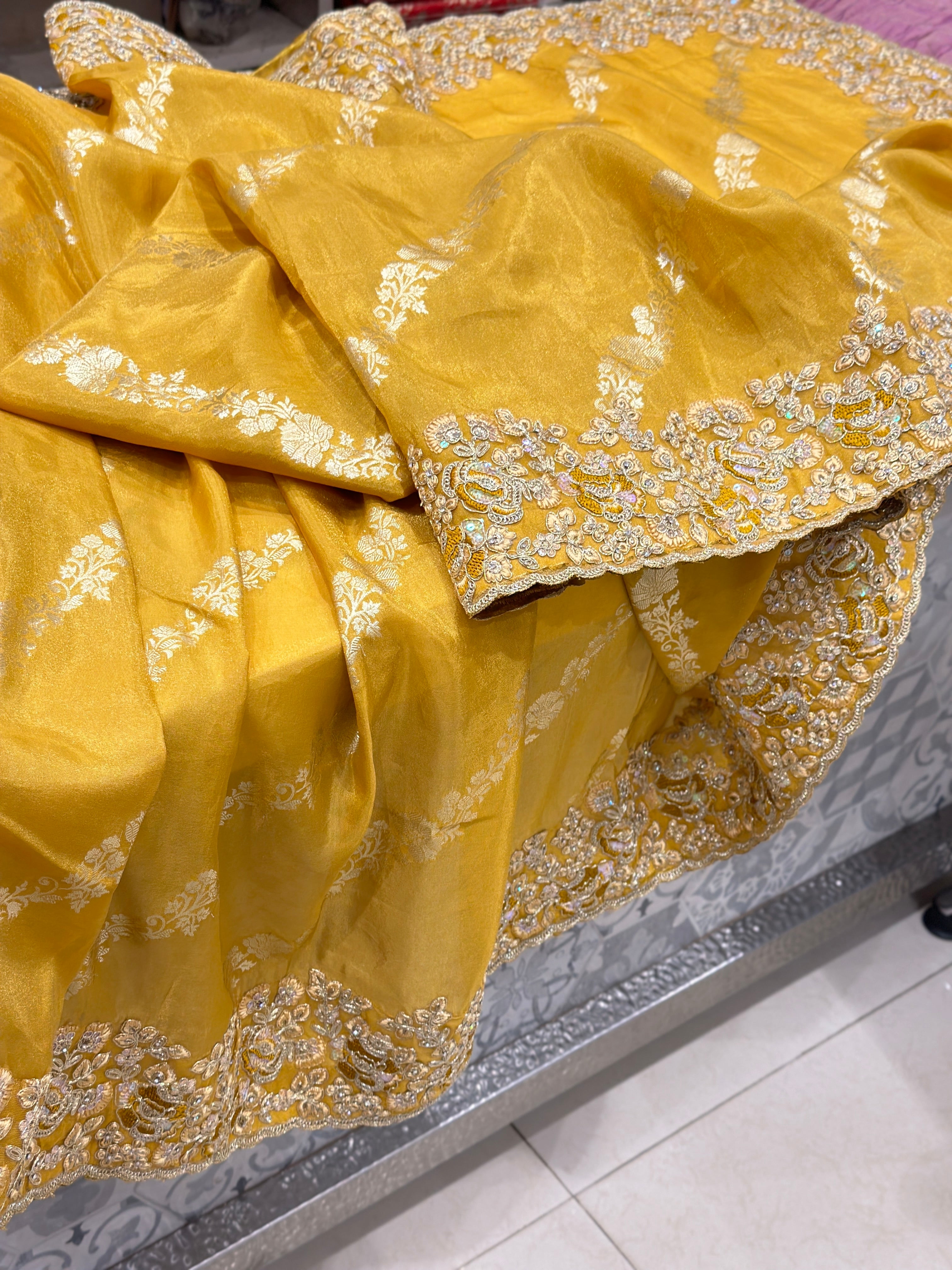 Yellow Crepe Tissue Embroidery Saree