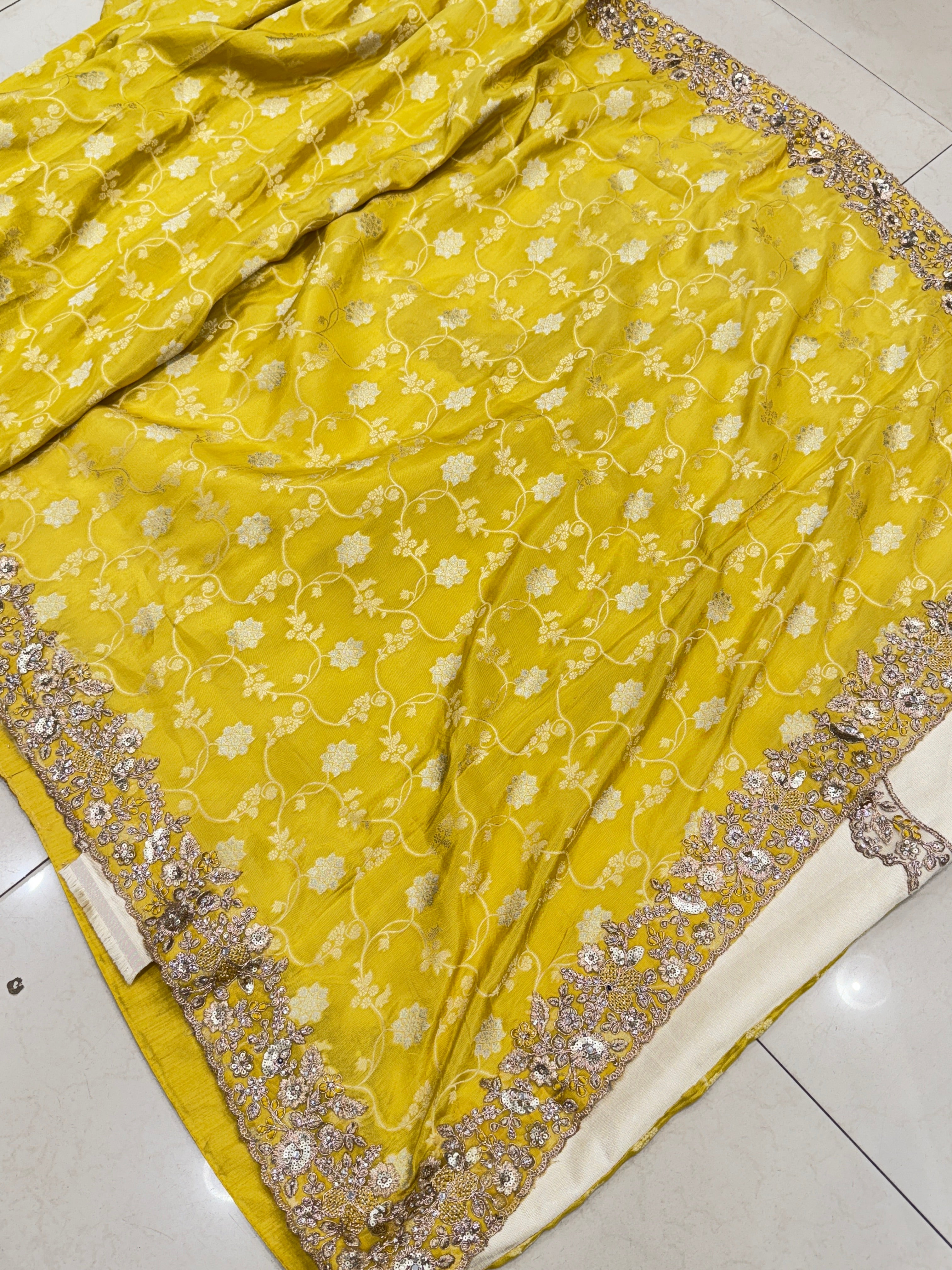 Yellow Tissue Embroidery Jaal Weaving Saree