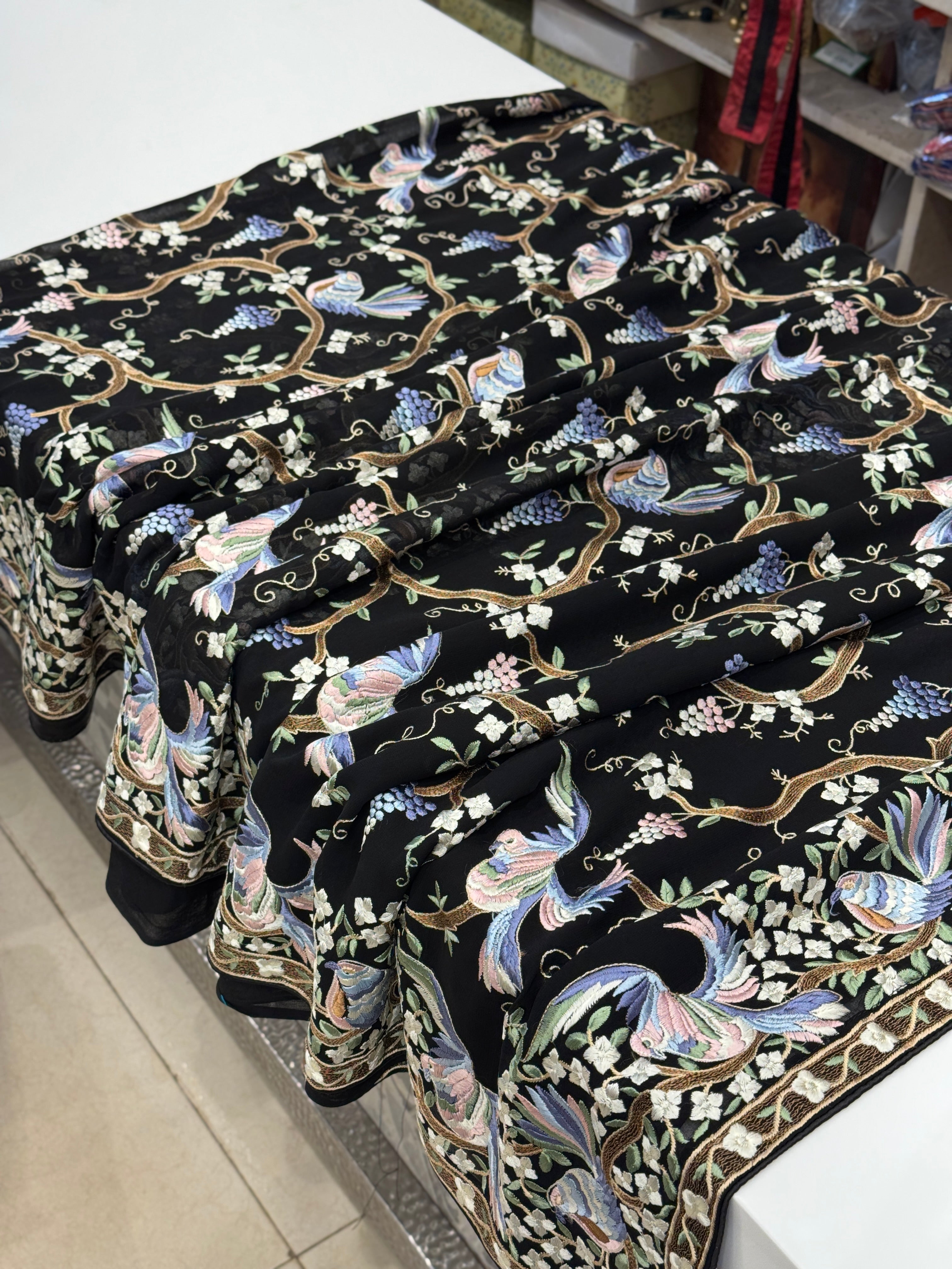 Black Georgette Chakla Chakli Parsi Gara Saree