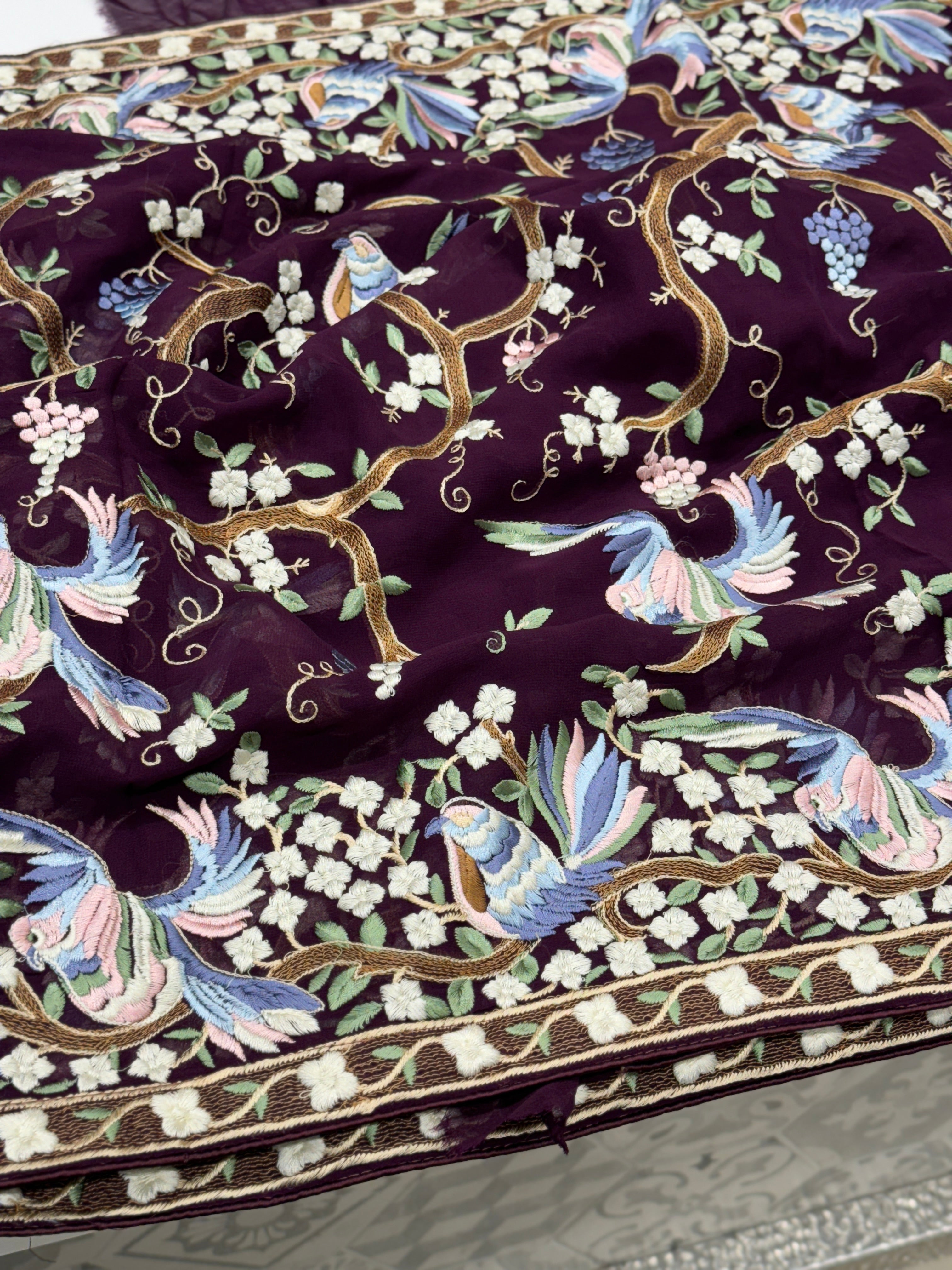 Wine Georgette Parsi Gara with Chakla Chakli Design Saree
