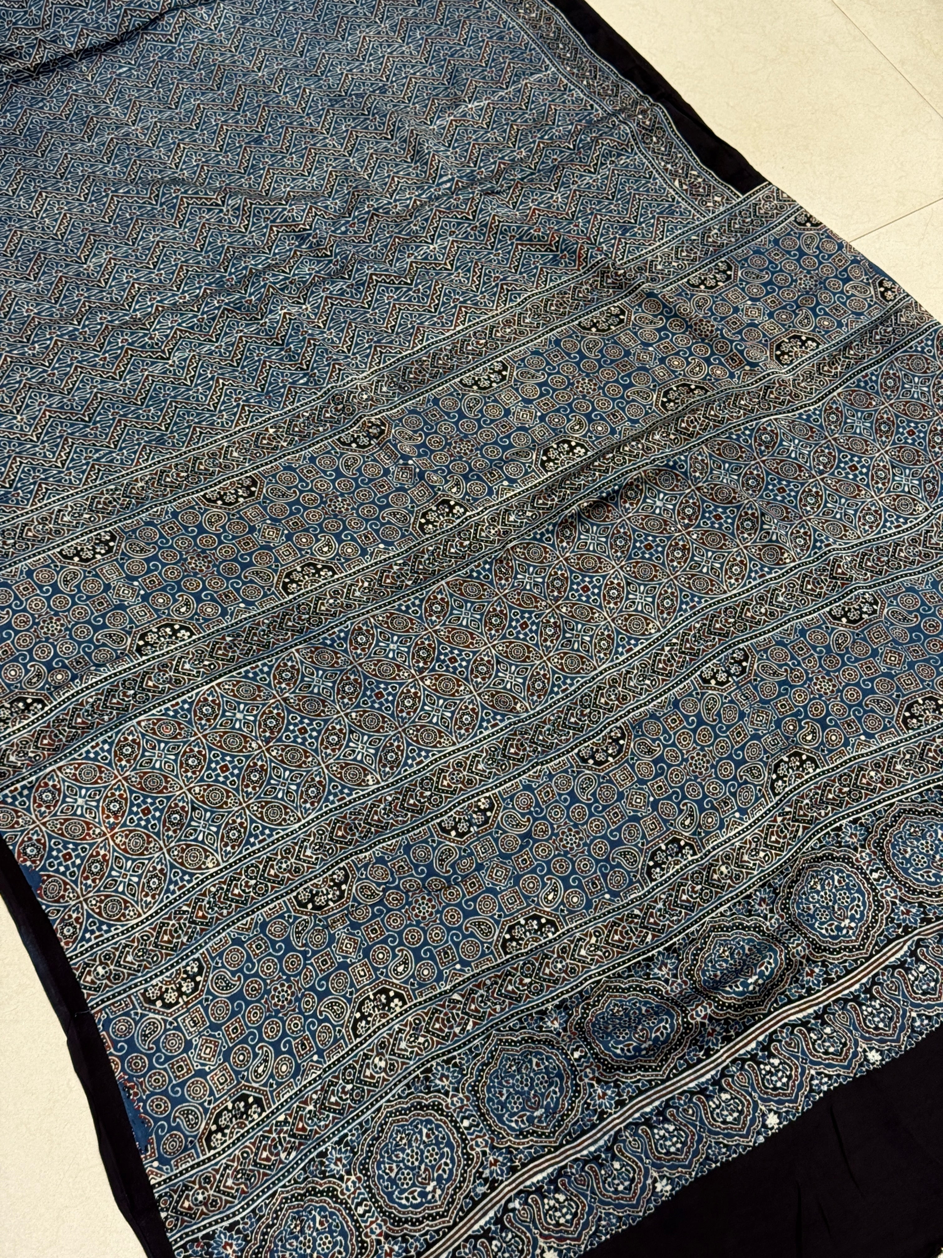 Blue Zig Zag Jaal Ajrakh Block Print Hand Pure Gajji Silk Saree