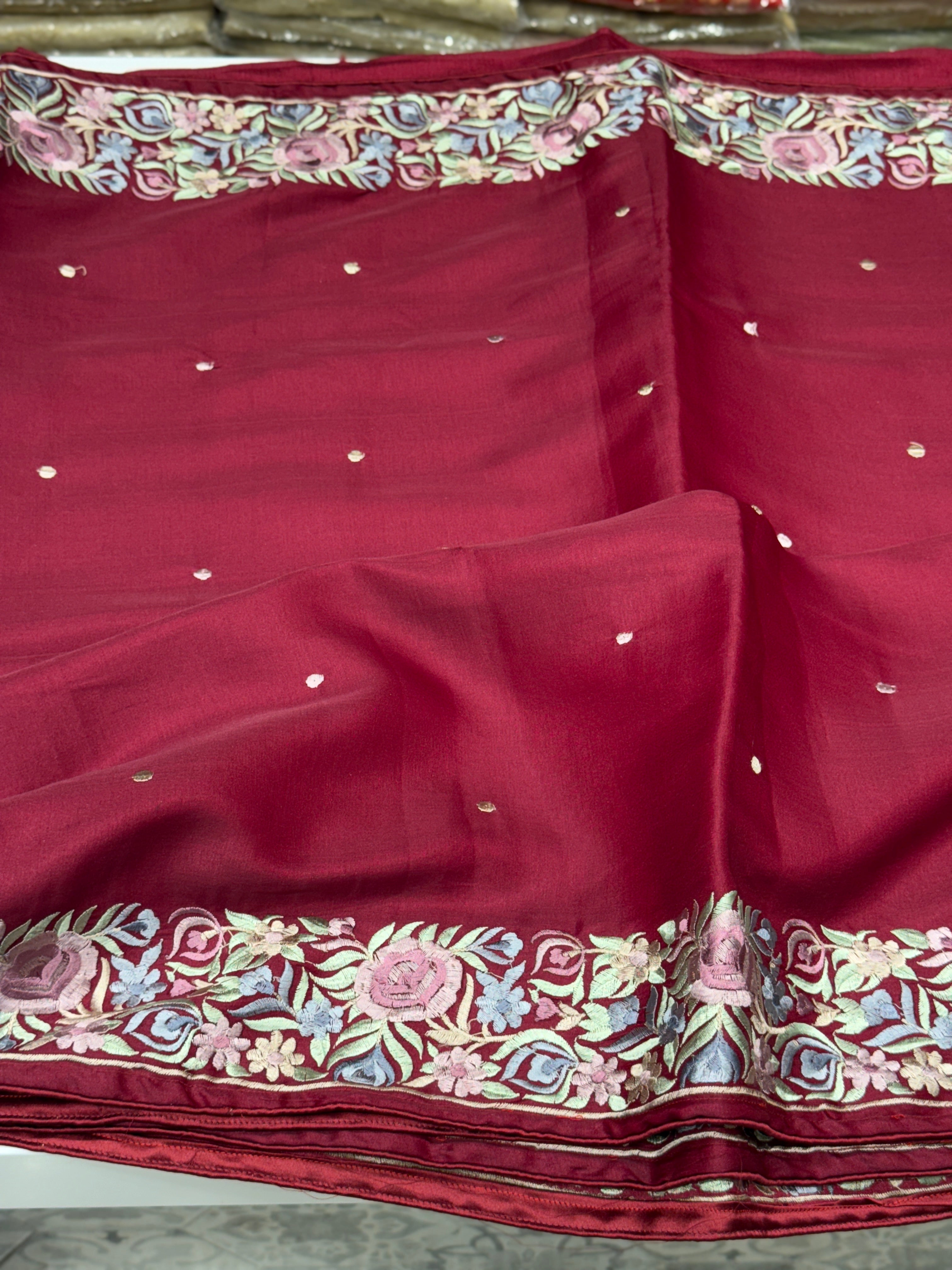 Maroon Silk Multi Colour Border Gara Border Saree