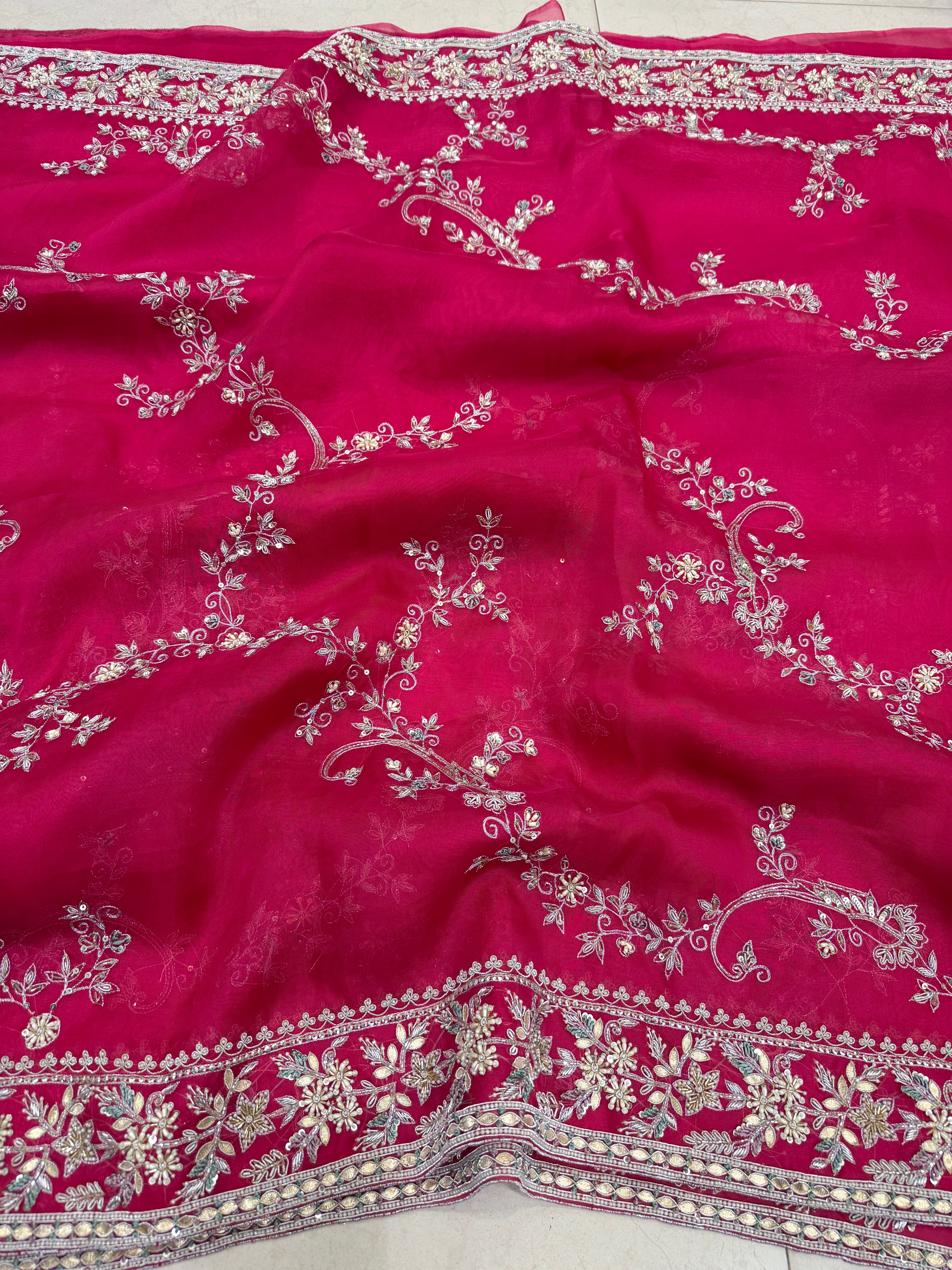 Rani Pink Organza Zardosi Gota Resham Hand Embroidery Saree