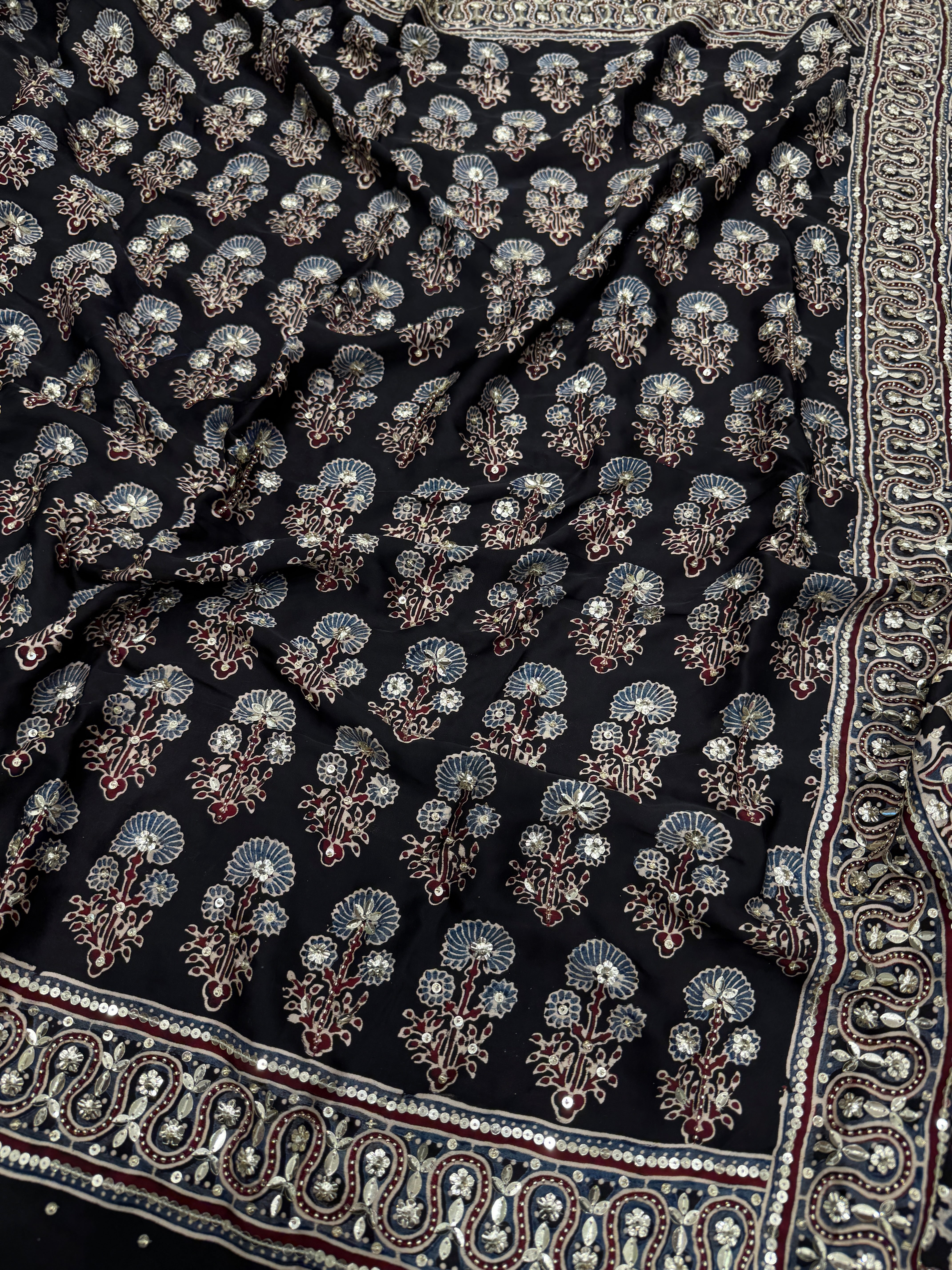 Black Floral Buttas Sequin Ajrakh Hand Embroidery Saree