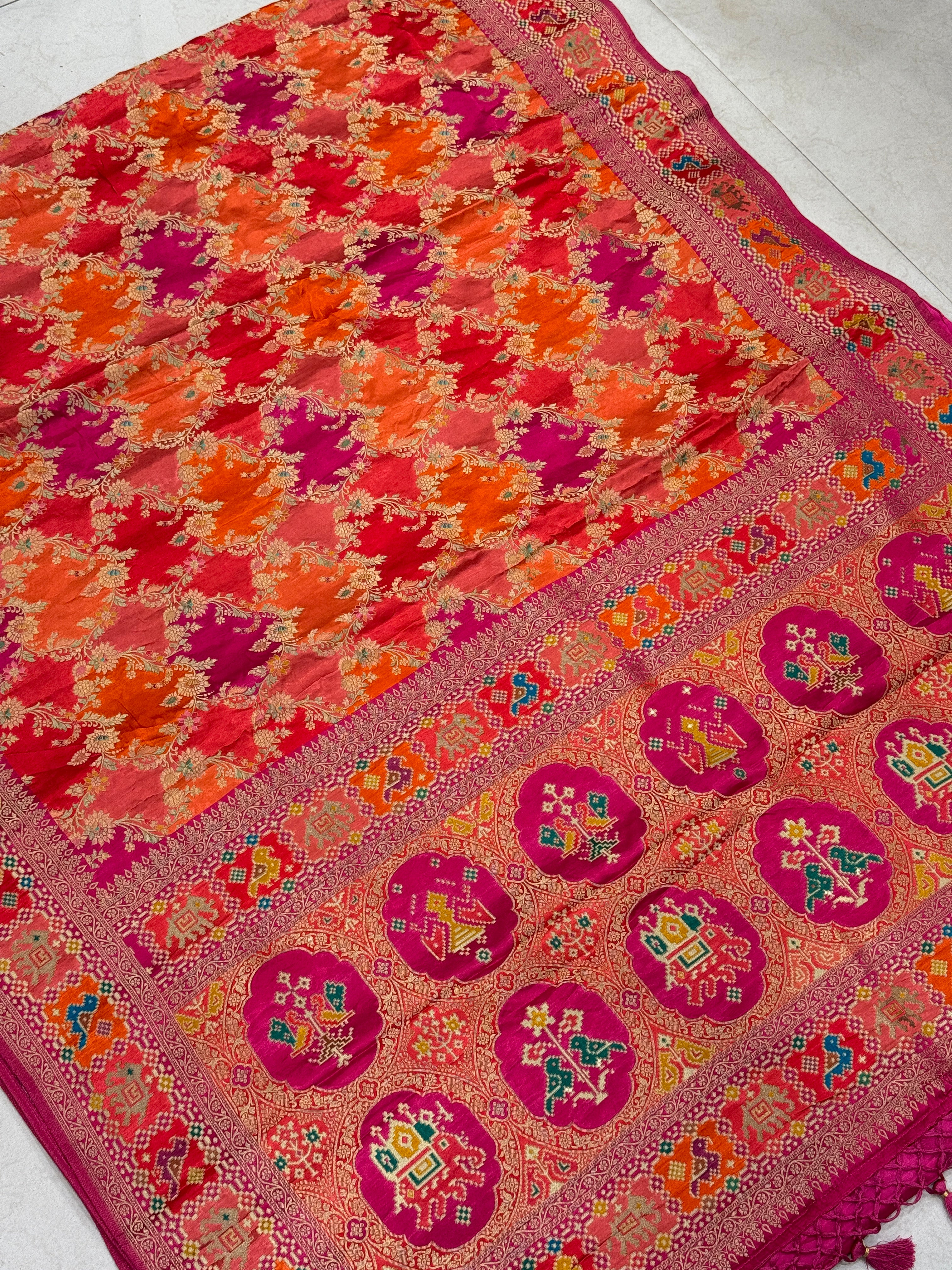 Orange Rani Banarasi Rangkat Fusion Patola Border Saree