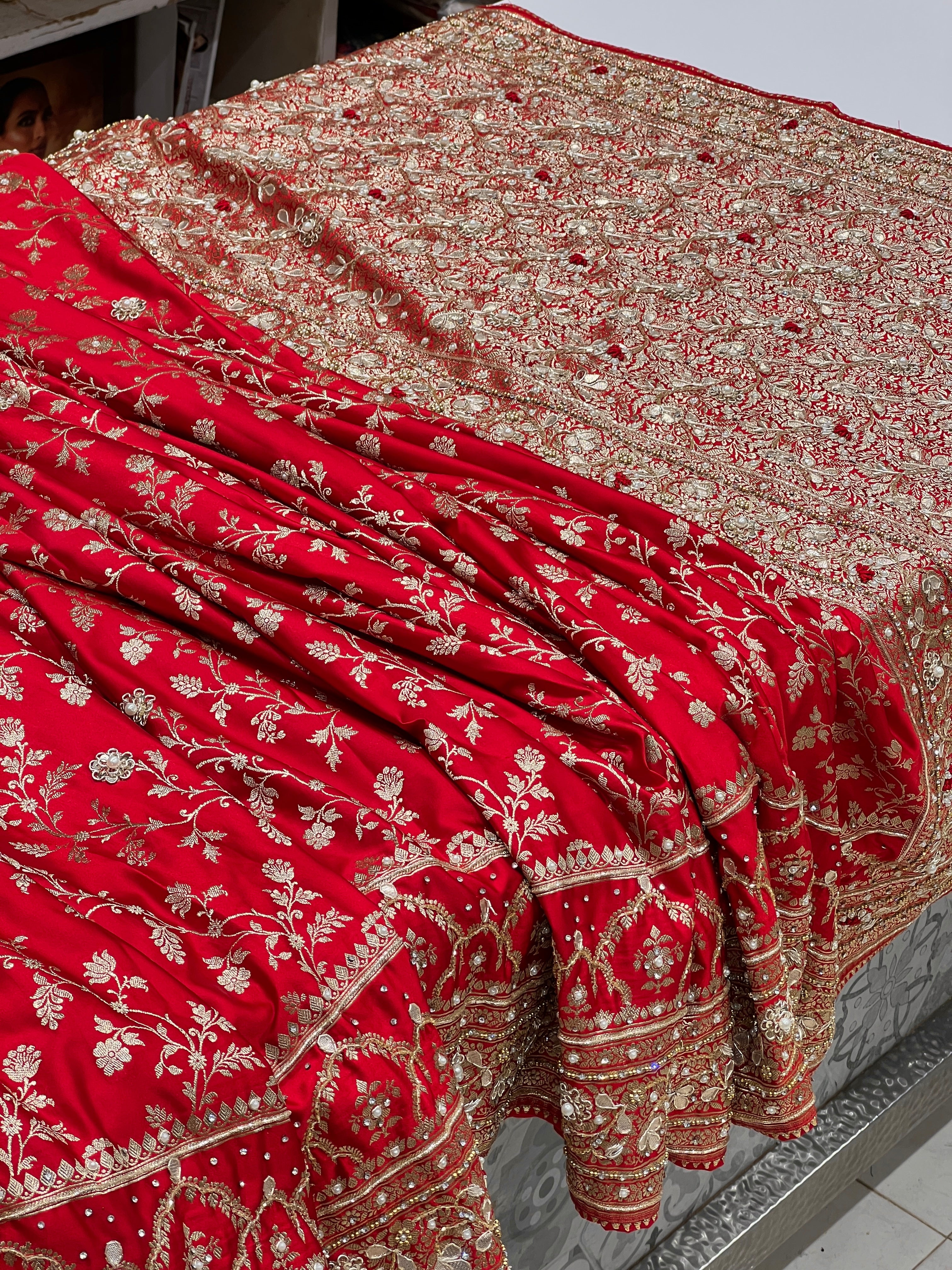 Red Banarasi Crown Border Zardosi Resham Hand Embroidery Saree