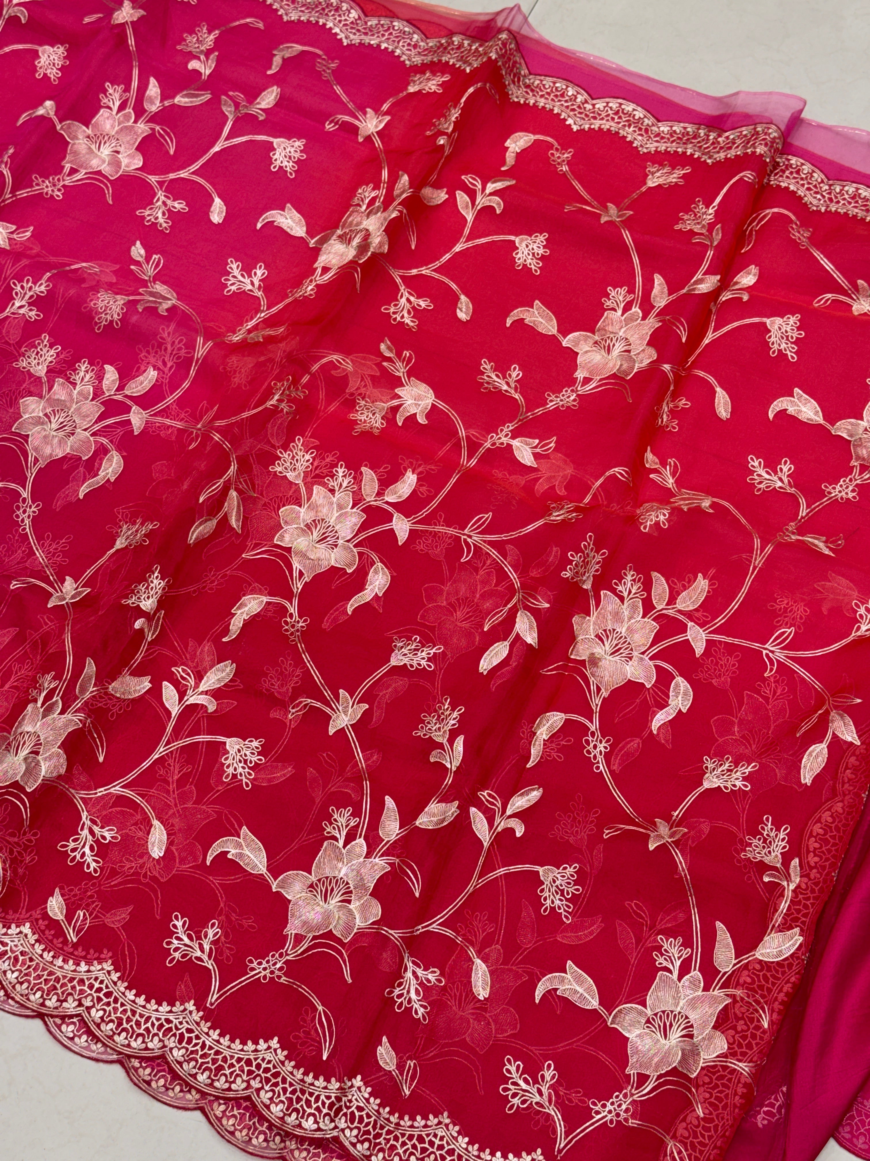 Rani Shaded Orange Handloom Pure Organza Pita Embroidery Saree