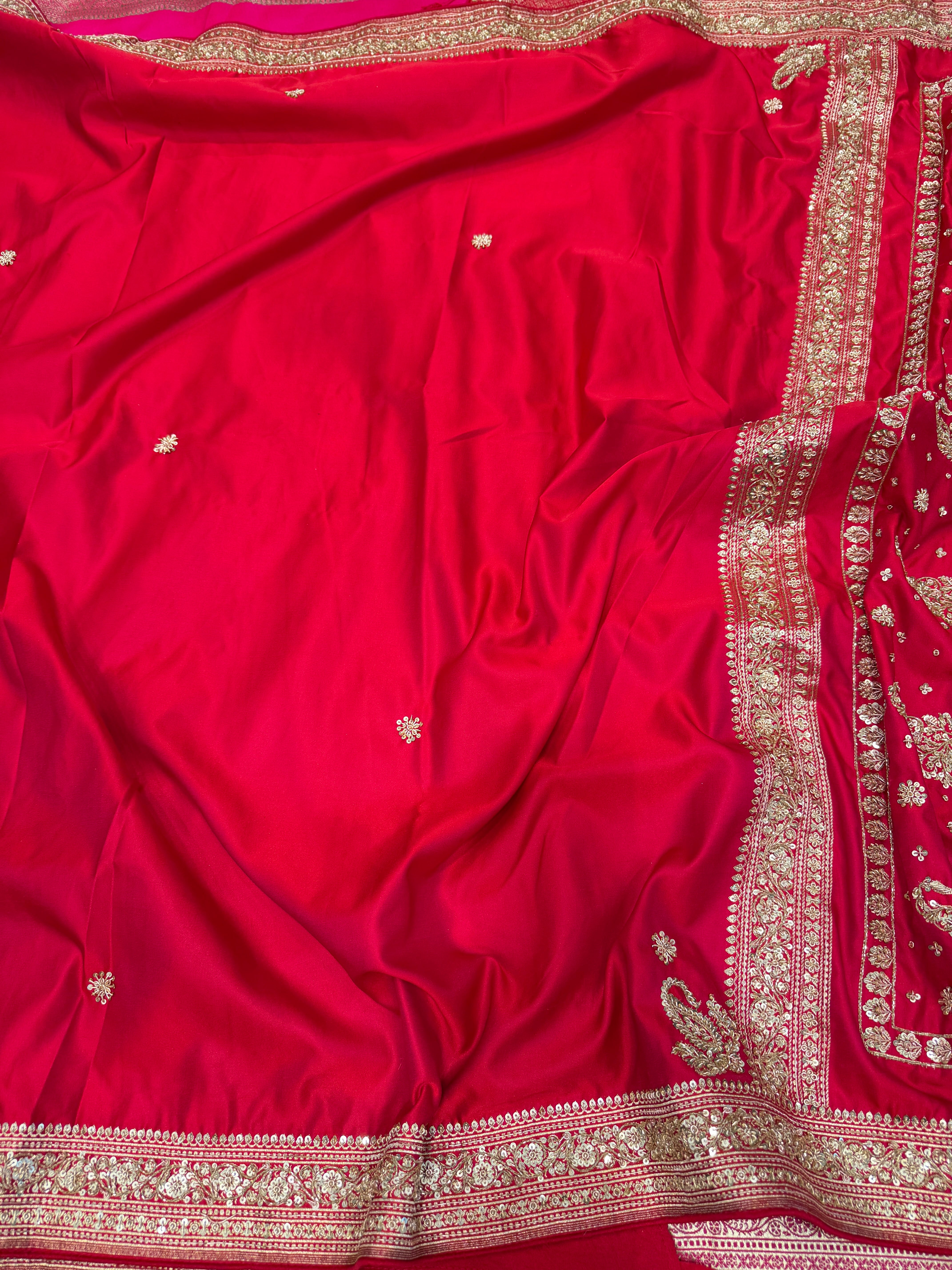 Cross Red Banarasi Plain Zardosi Hand Embroidery Saree