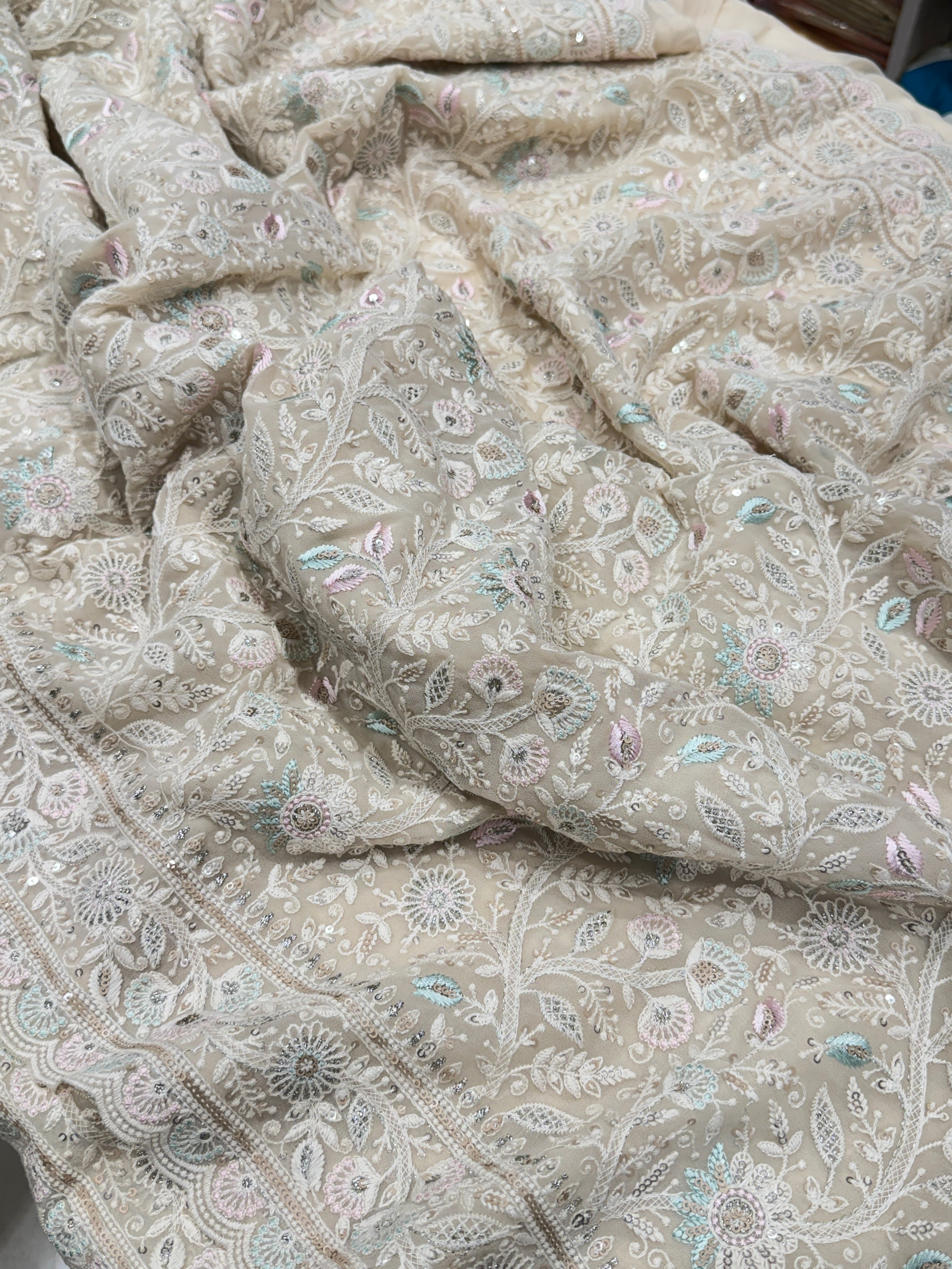 Moti White Meenakari Chikankari Scallop Design Saree
