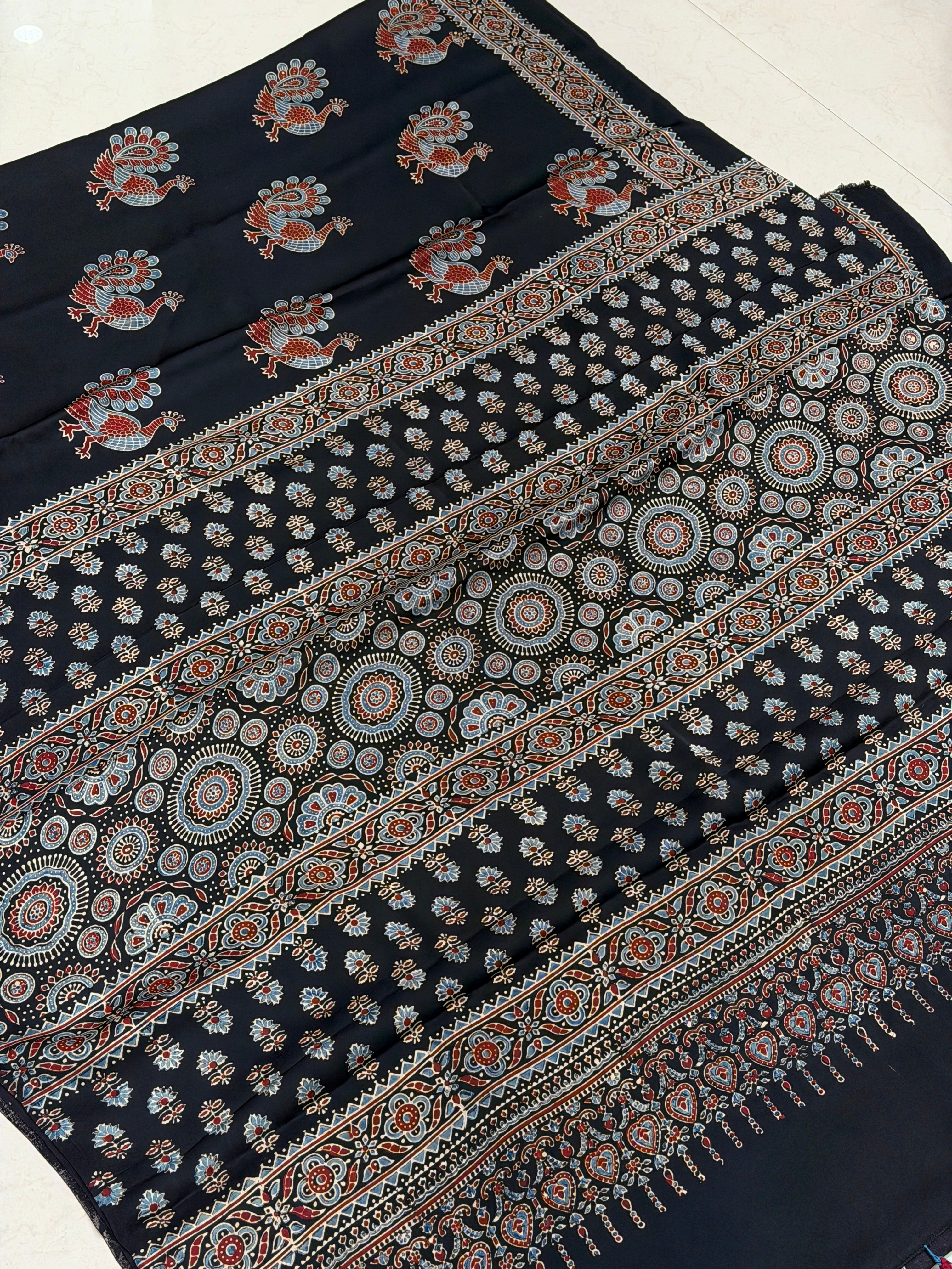 Black Peacock Butta Ajrakh Hand Block Print Pure Modal Silk Saree