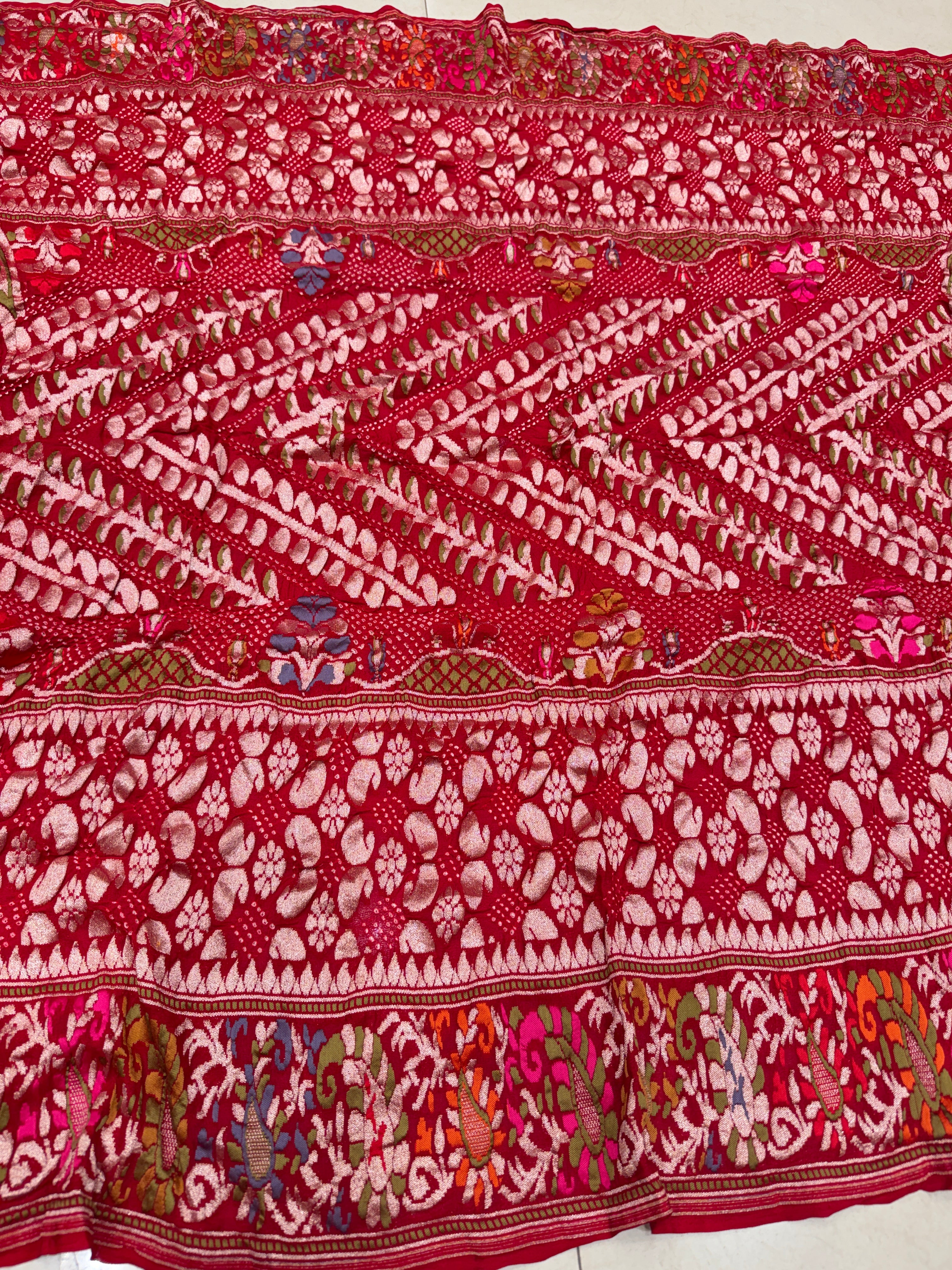 Red Pashmina Style Handloom Meenakari Rai Bandhej Pure Zari Dupatta