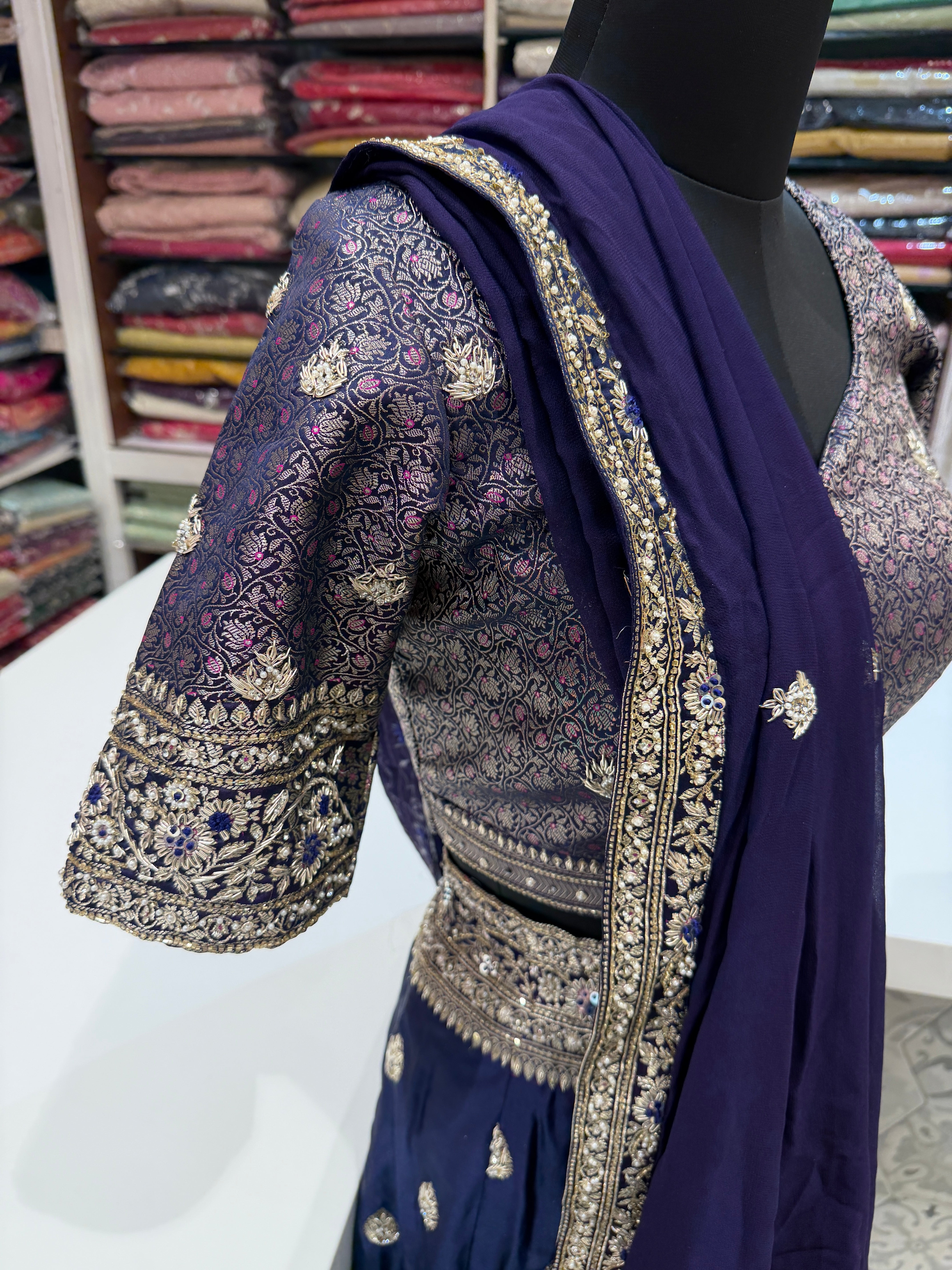 Cross Violet Banarasi Hand Embroidery Lehenga