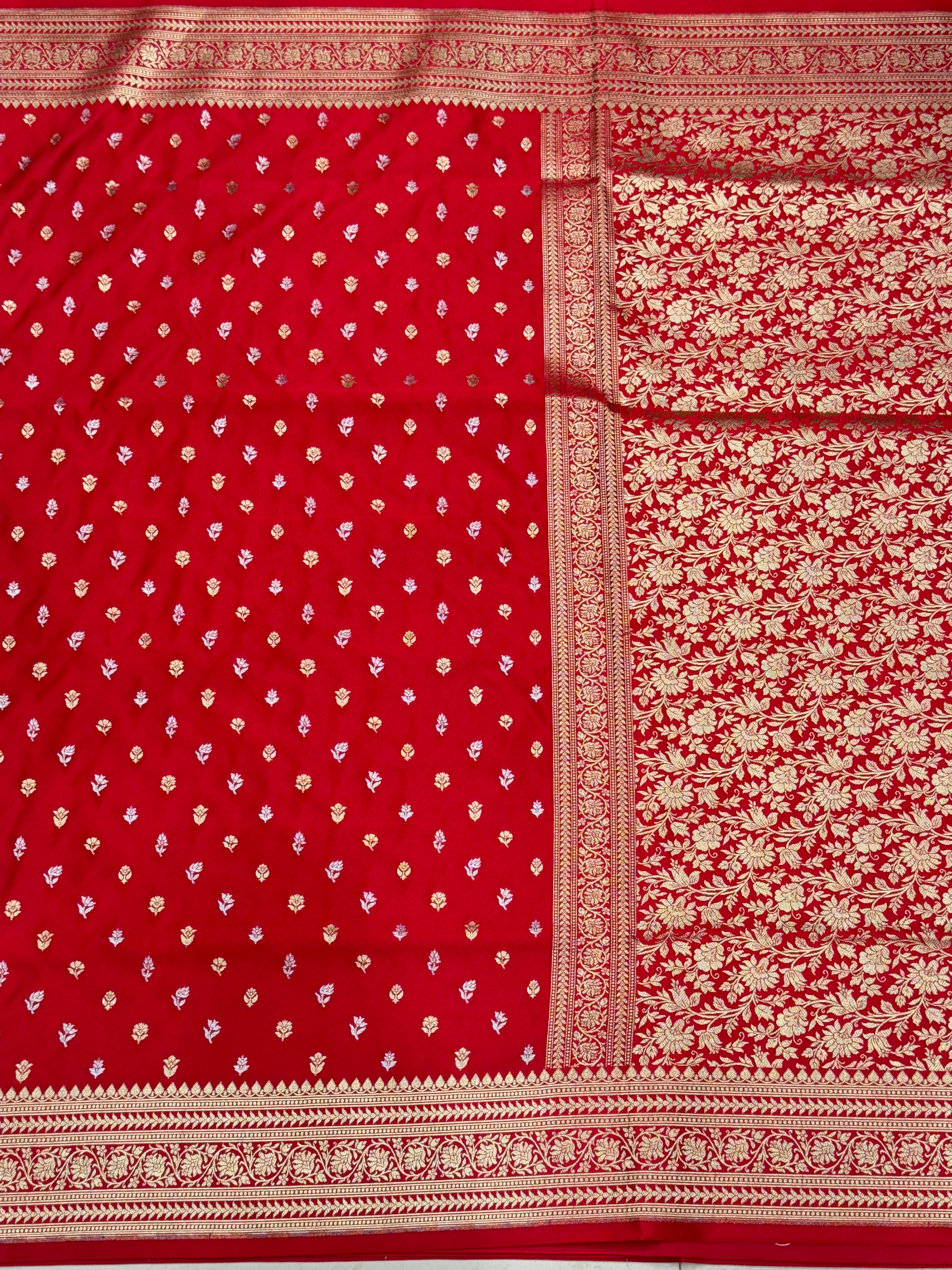 Red Sona Roopa Floral Butti Banarasi Silk Saree