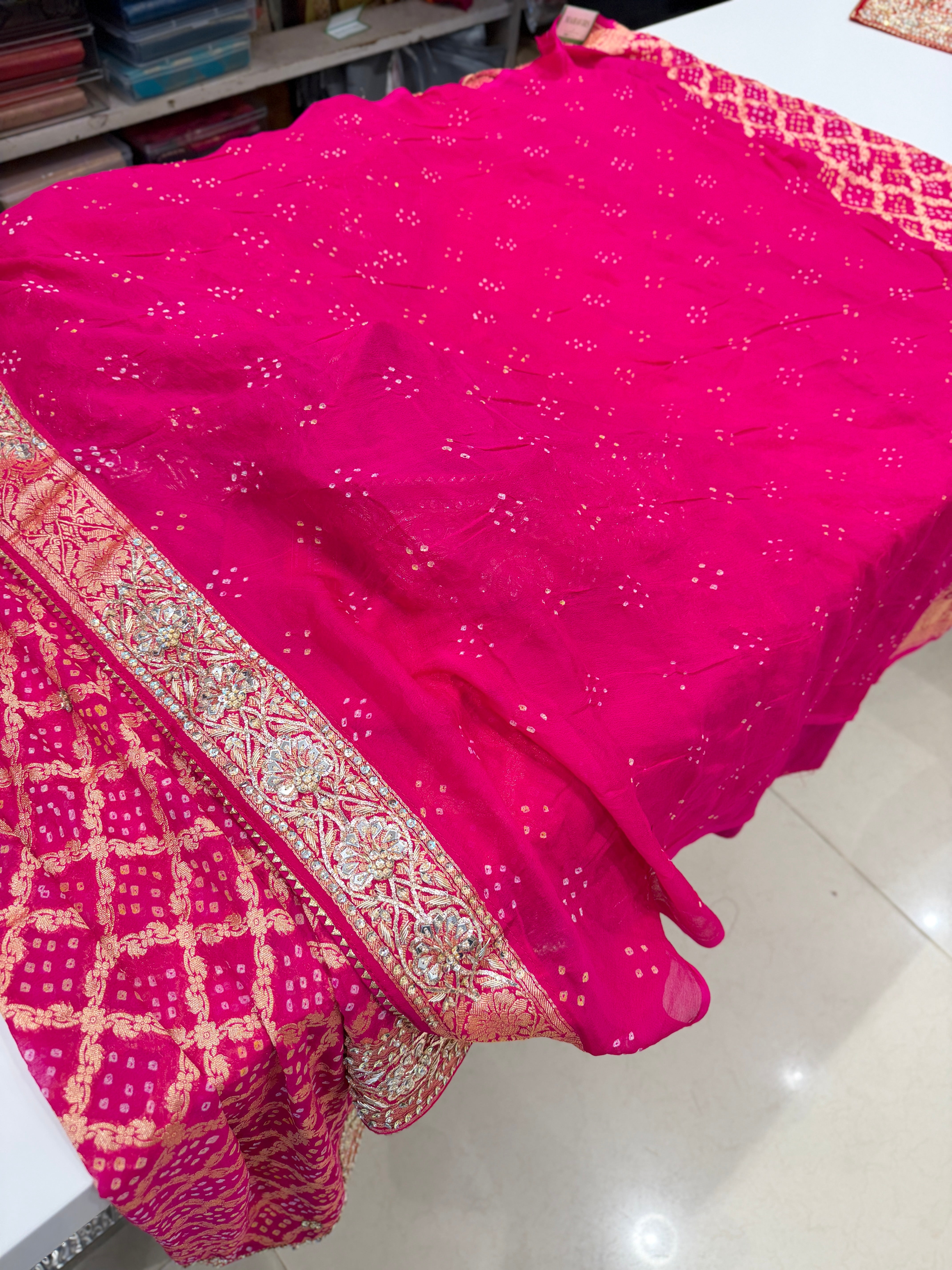 Rani Pink Bandhej Zardosi Pita Hand Embroidery Saree