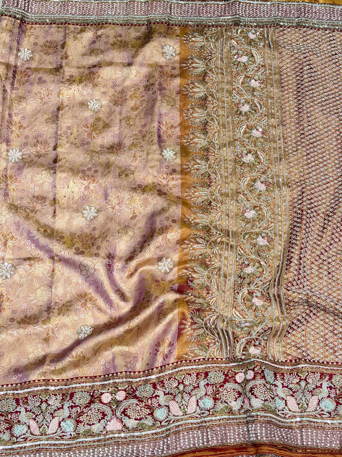 Light Pink Meenakari Jaal Kanjivaram Moti Zardosi Hand Embroidery Saree