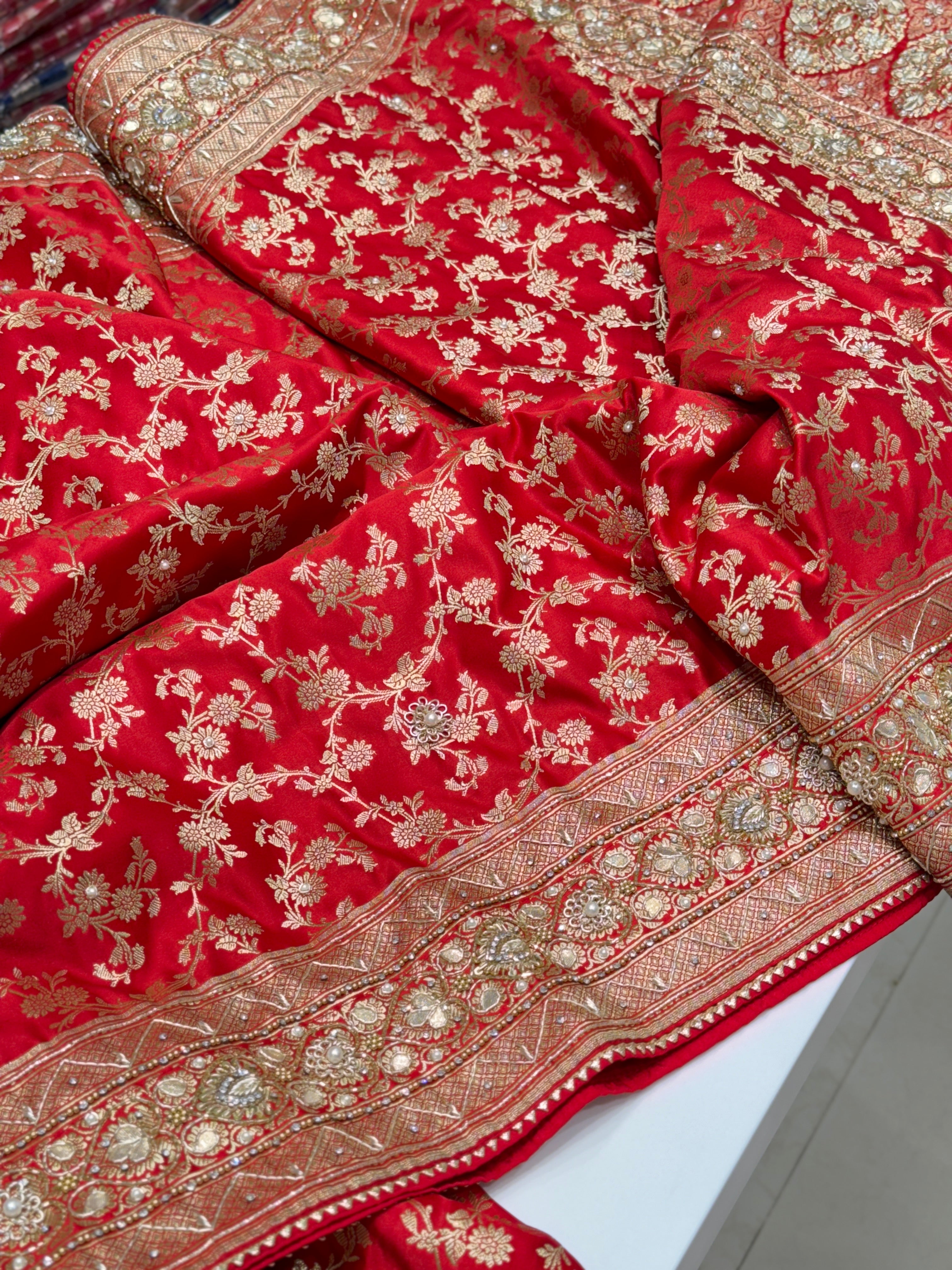 Red Banarasi Heart Border Hand Embroidery Saree
