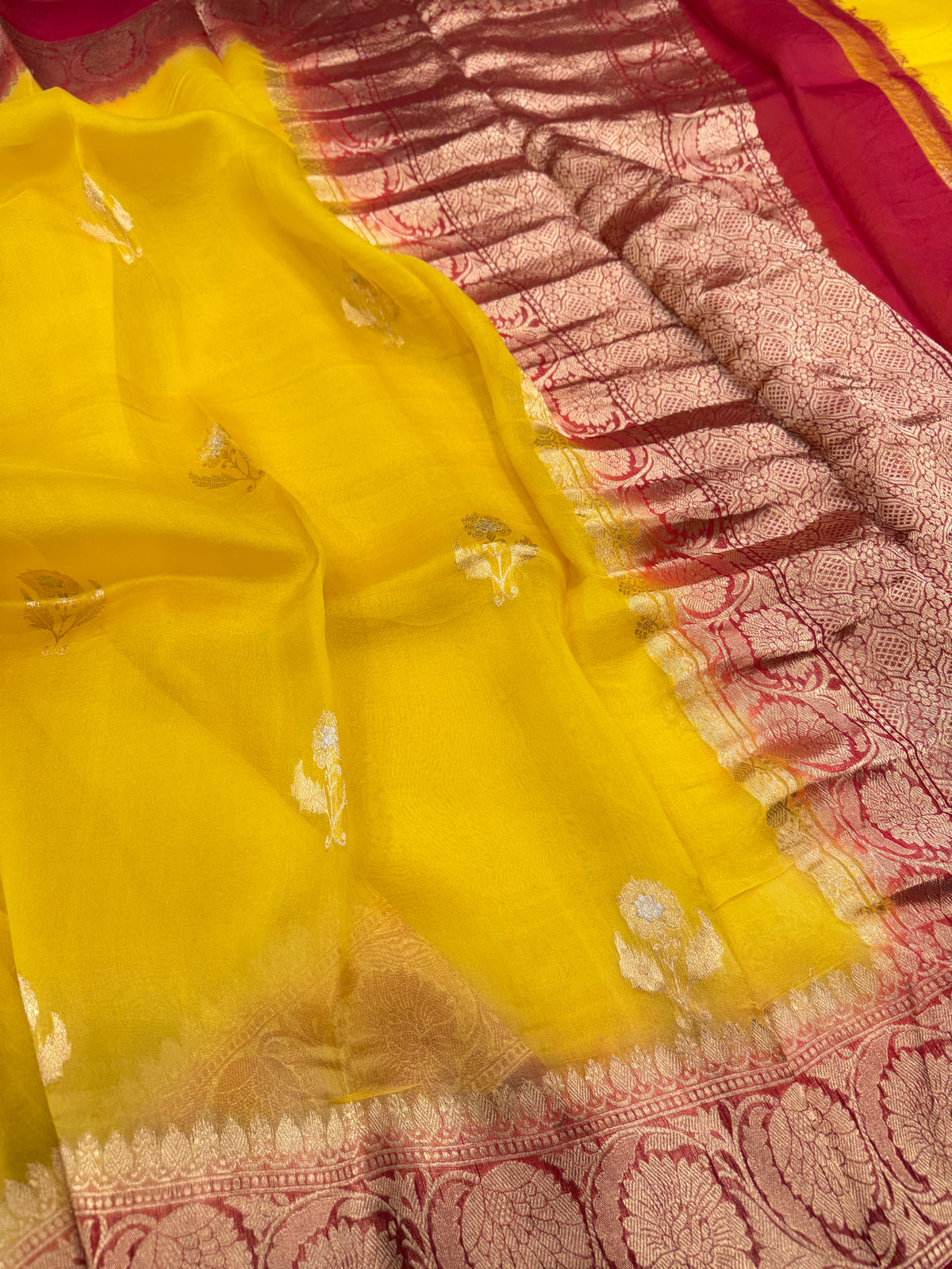 Yellow Red Buttas Handloom Banarasi Kora Silk Saree
