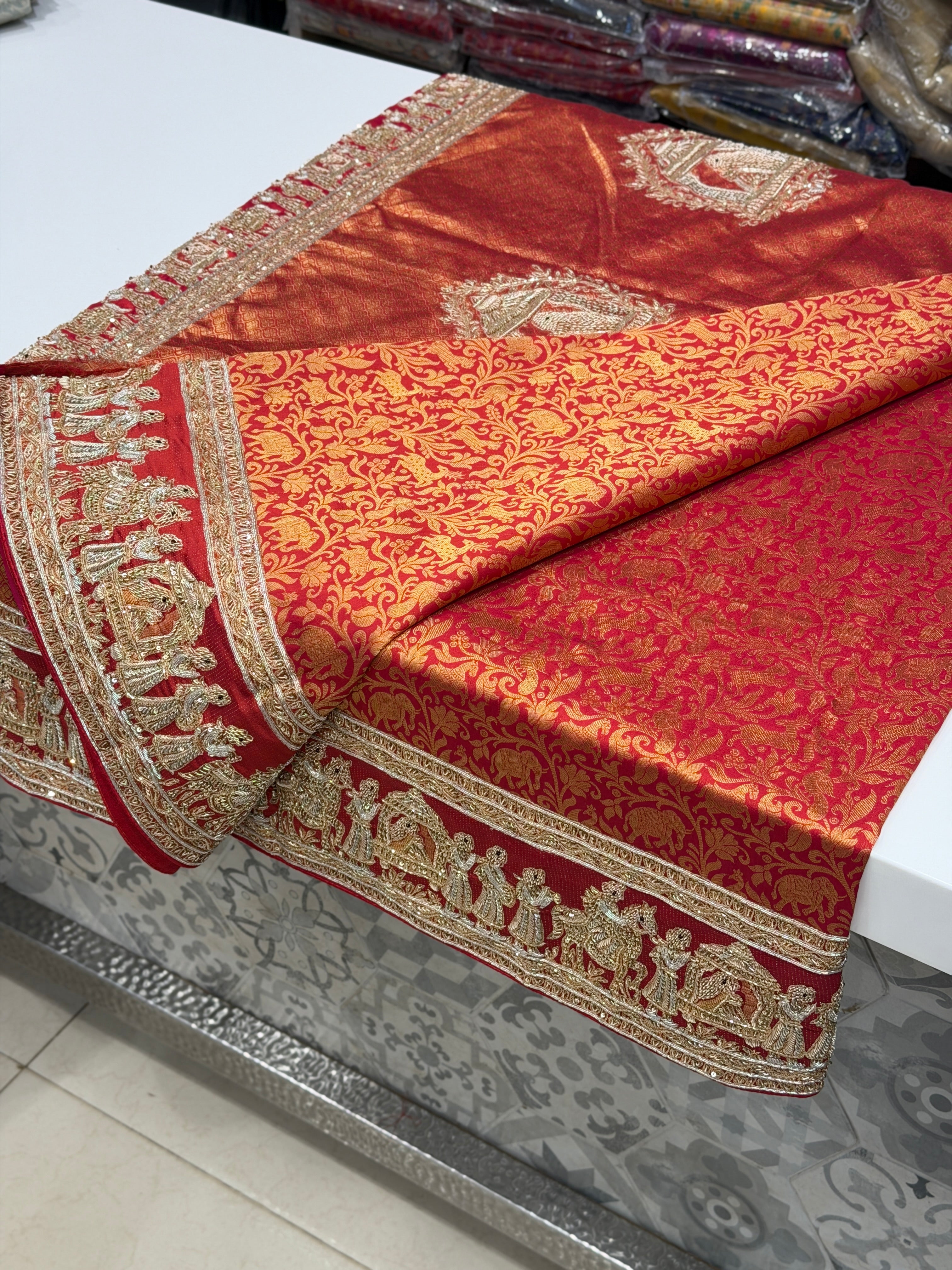 Red Silk Kanjivaram Zardozi Doli Hand Embroidery Saree