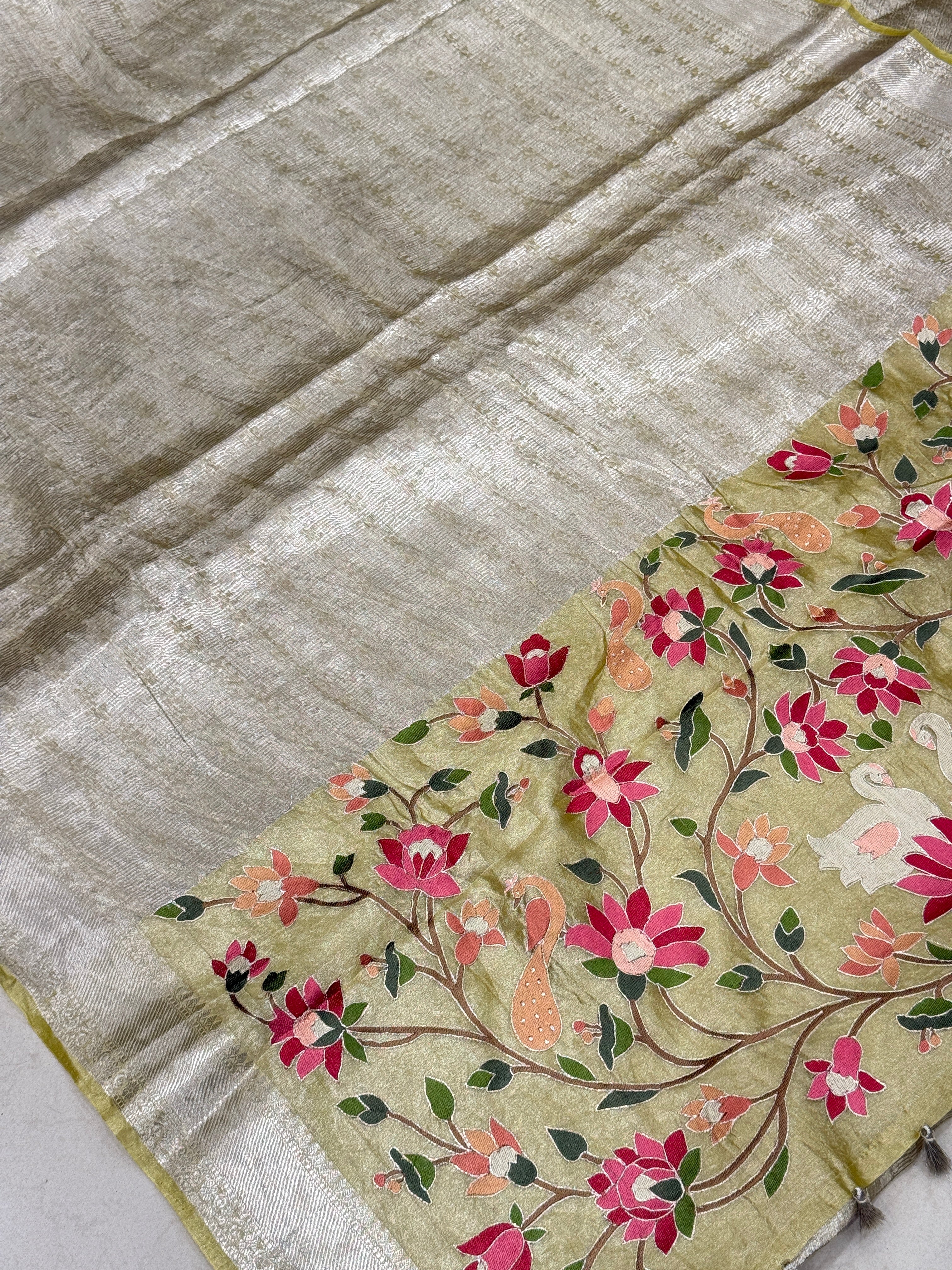 Yellow Silver Handloom Tissue Swans Contemporary Resham Embroidery Saree