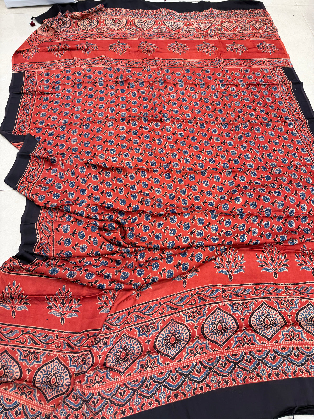 Red Buttis Ajrakh Hand Block Print Pure Gajji Silk Dupatta