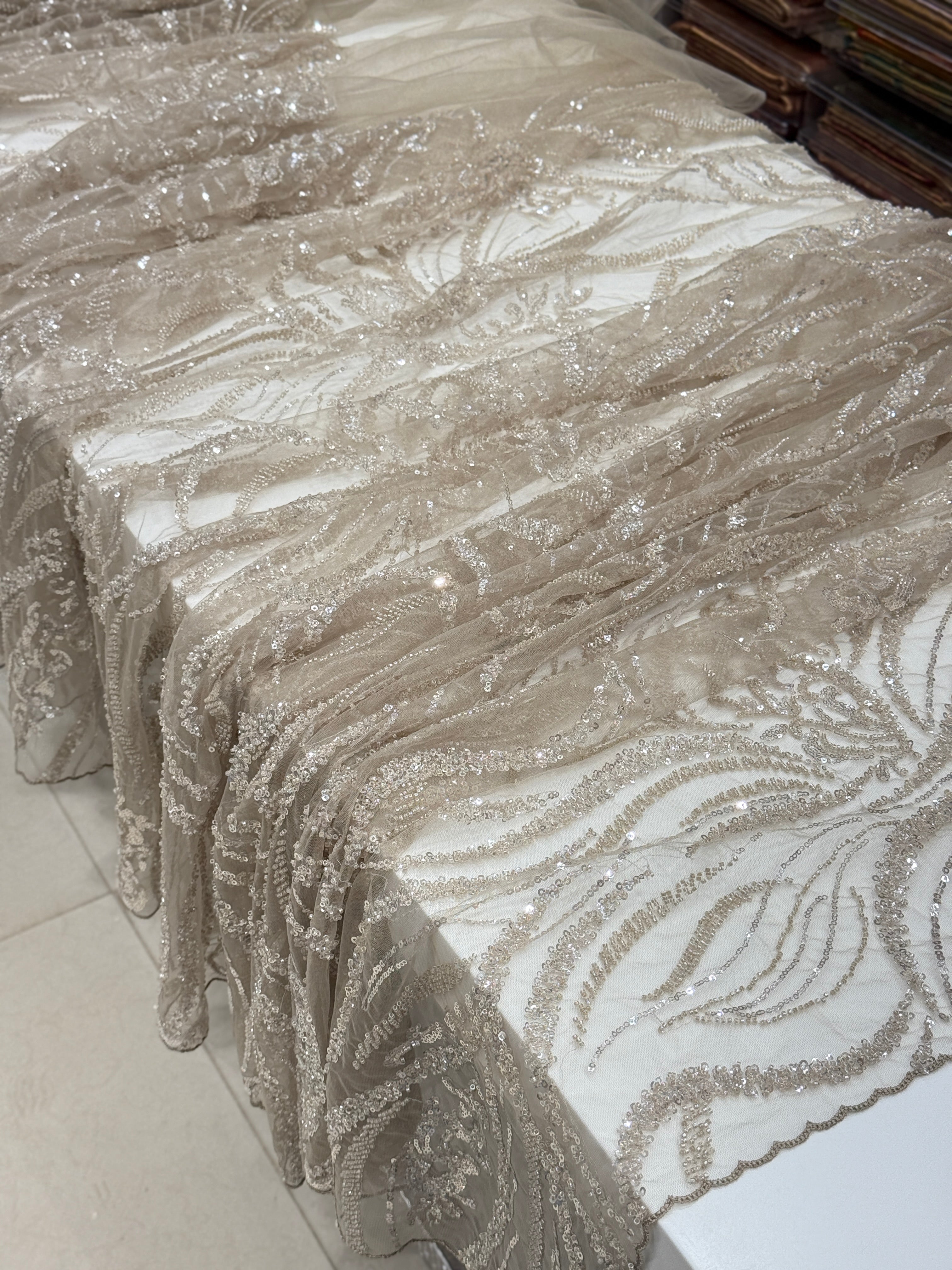 Soft Net Dark Beige Moti Sequin Embroidery Saree