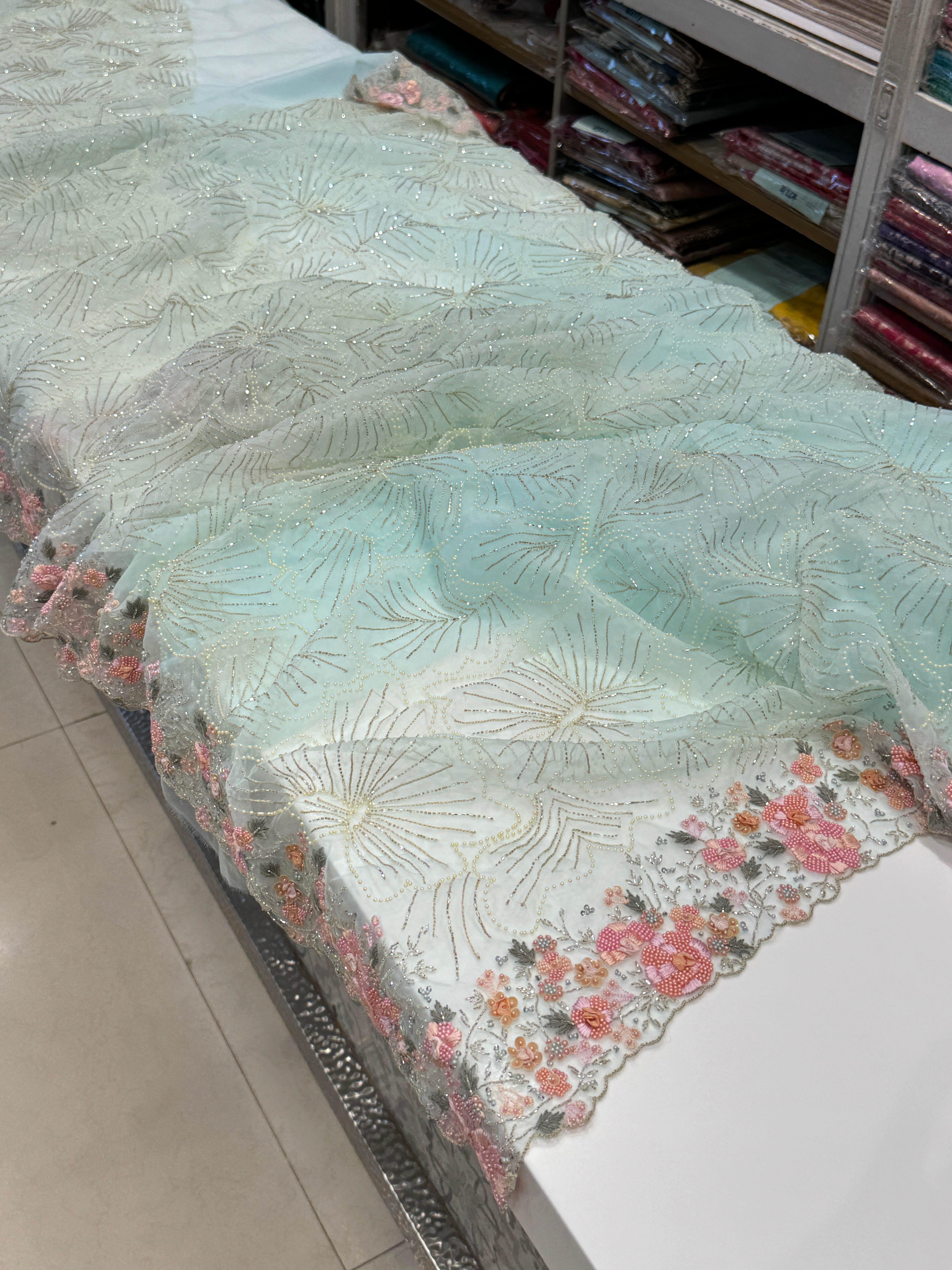 Blue Organza French Knot Embroidery Saree
