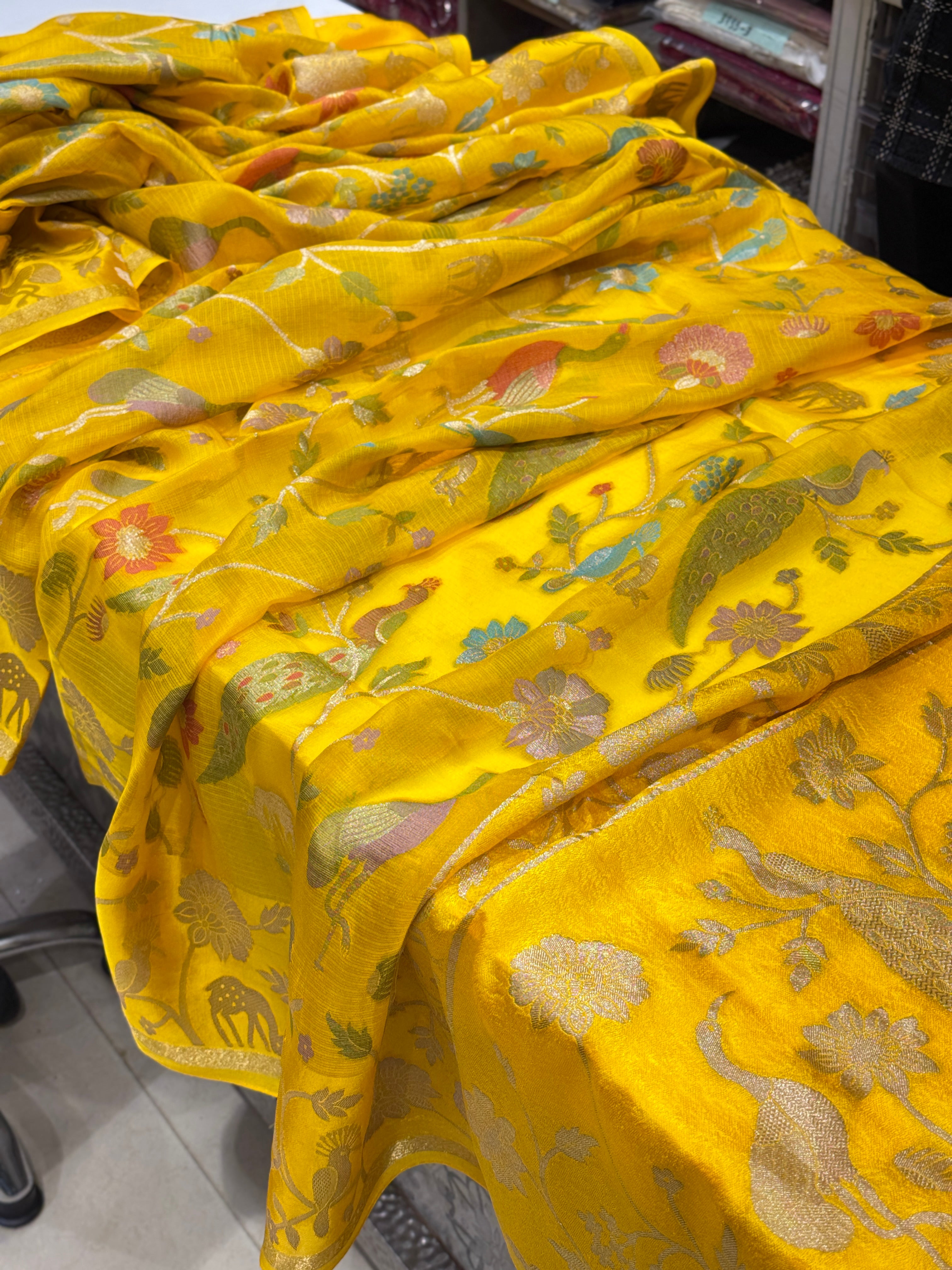 Yellow Meenakari Manipuri Kora Silk Saree