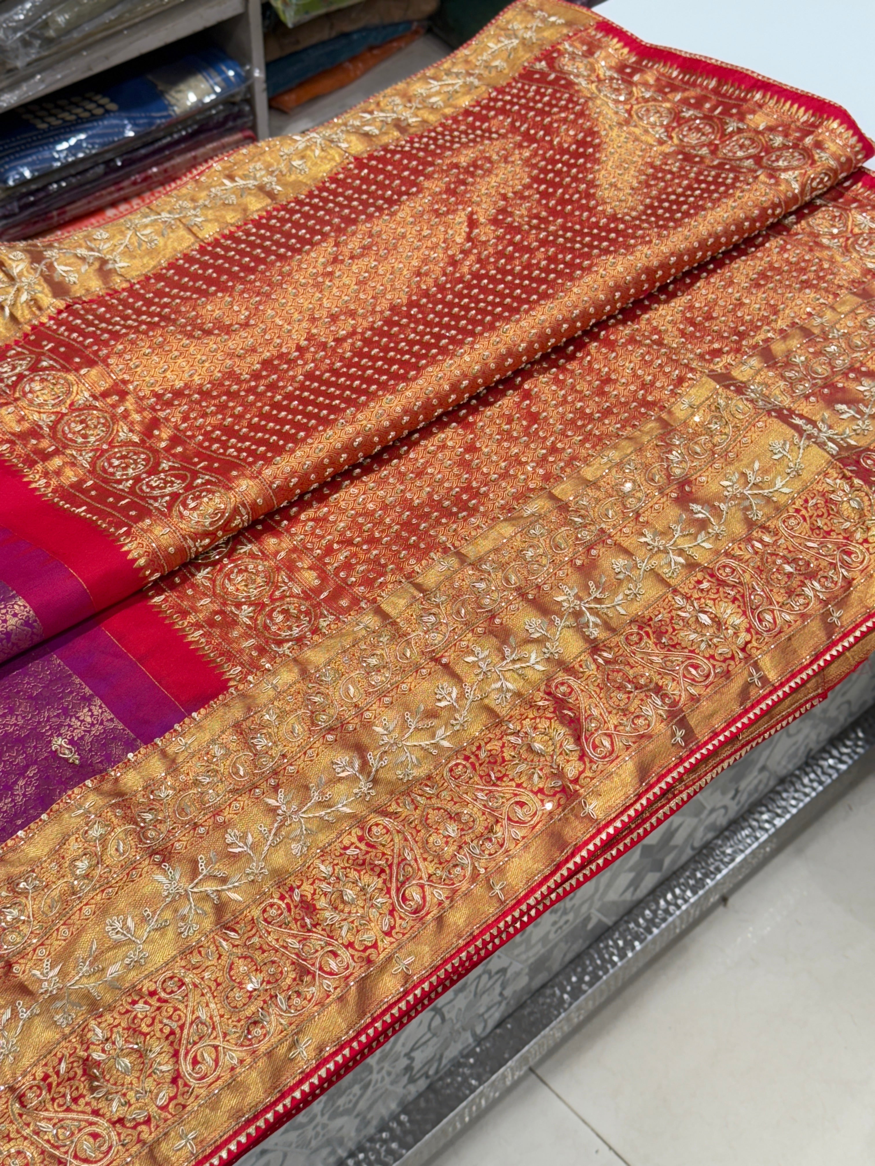 Wine Kanjivaram Hand Embroidery Saree