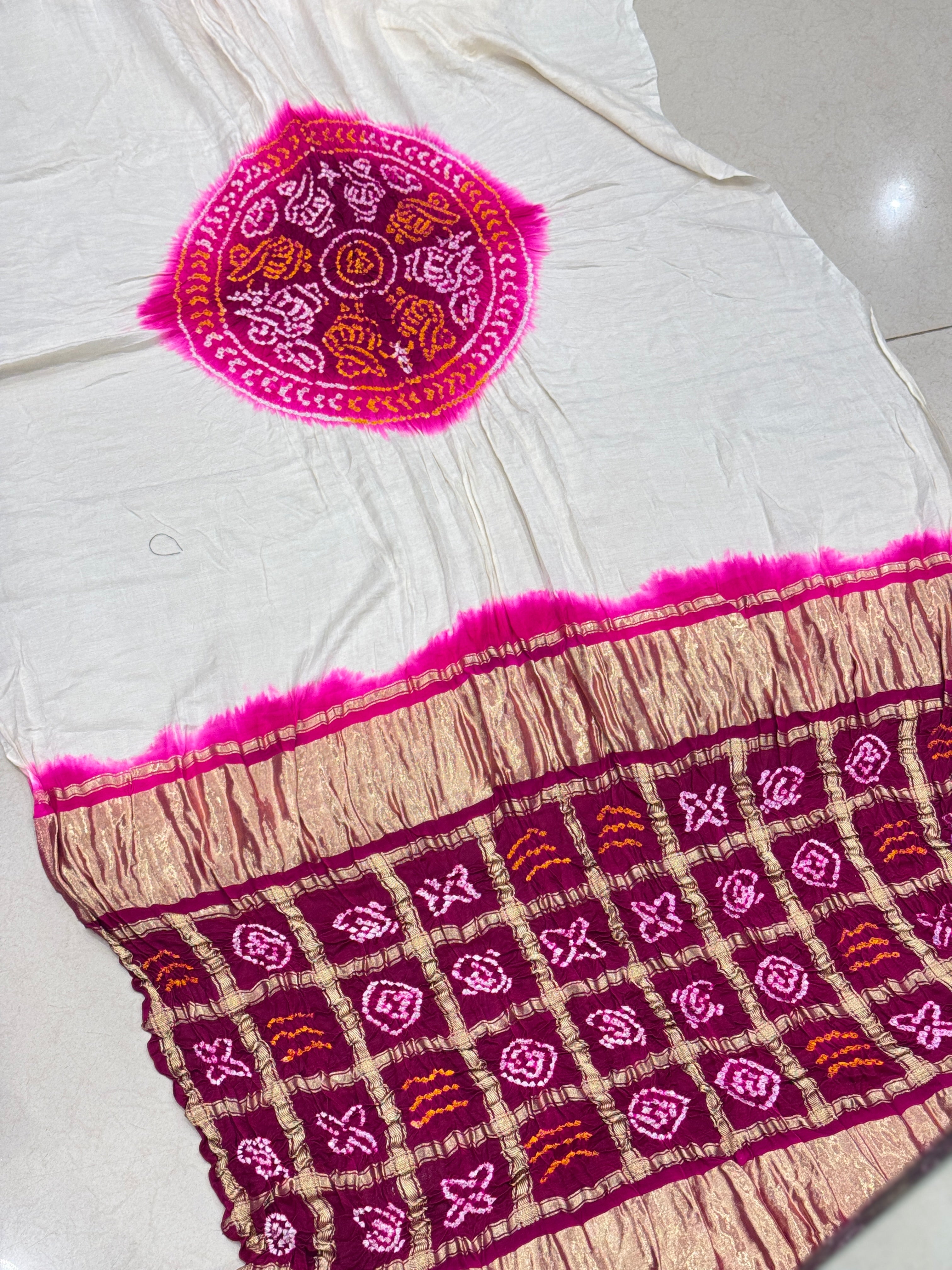 Moti White Gajji Silk Bandhej Bandhini Saree