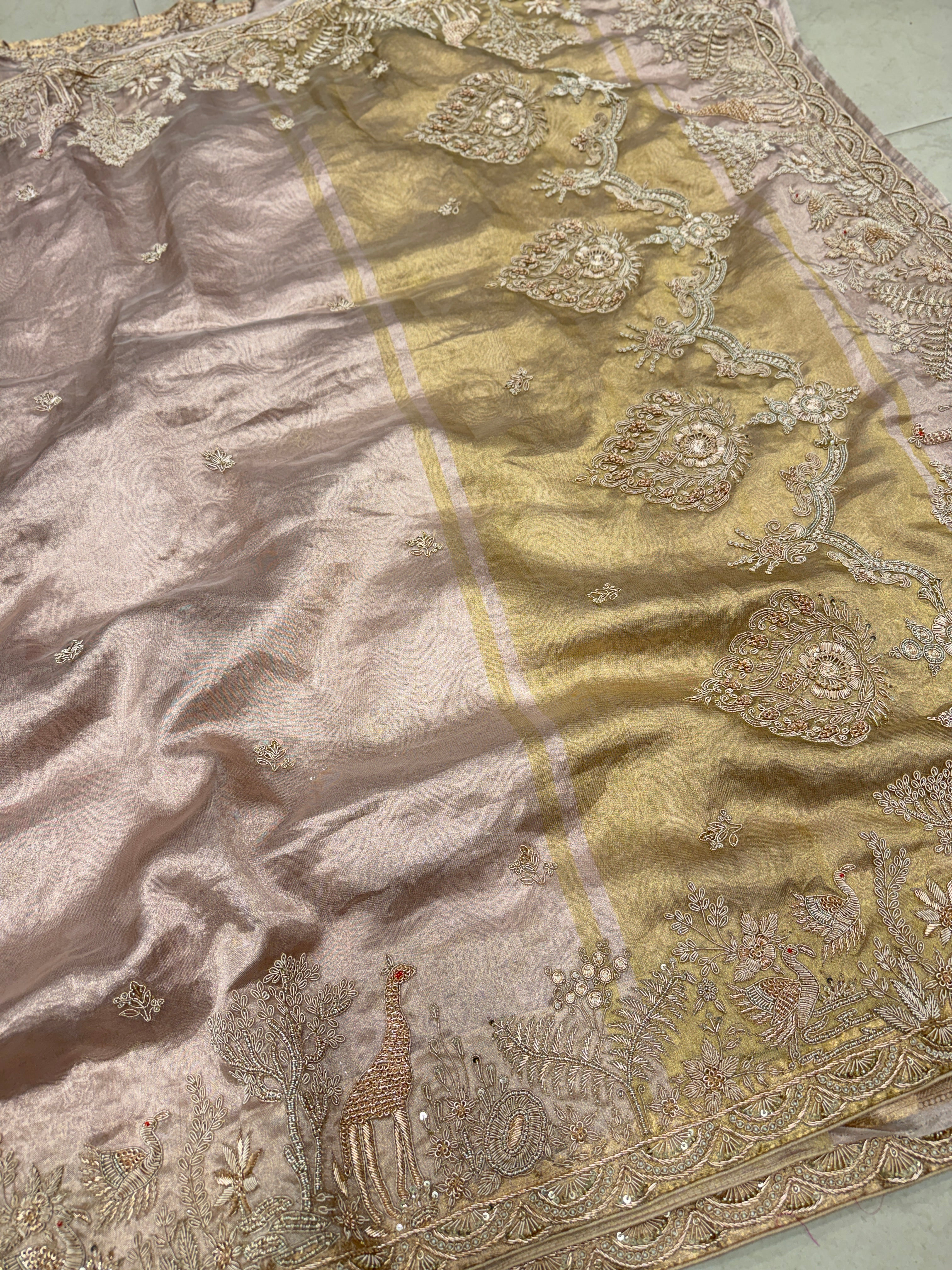 Rose Gold Tissue Parsi Style Zardosi Hand Embroidery Saree