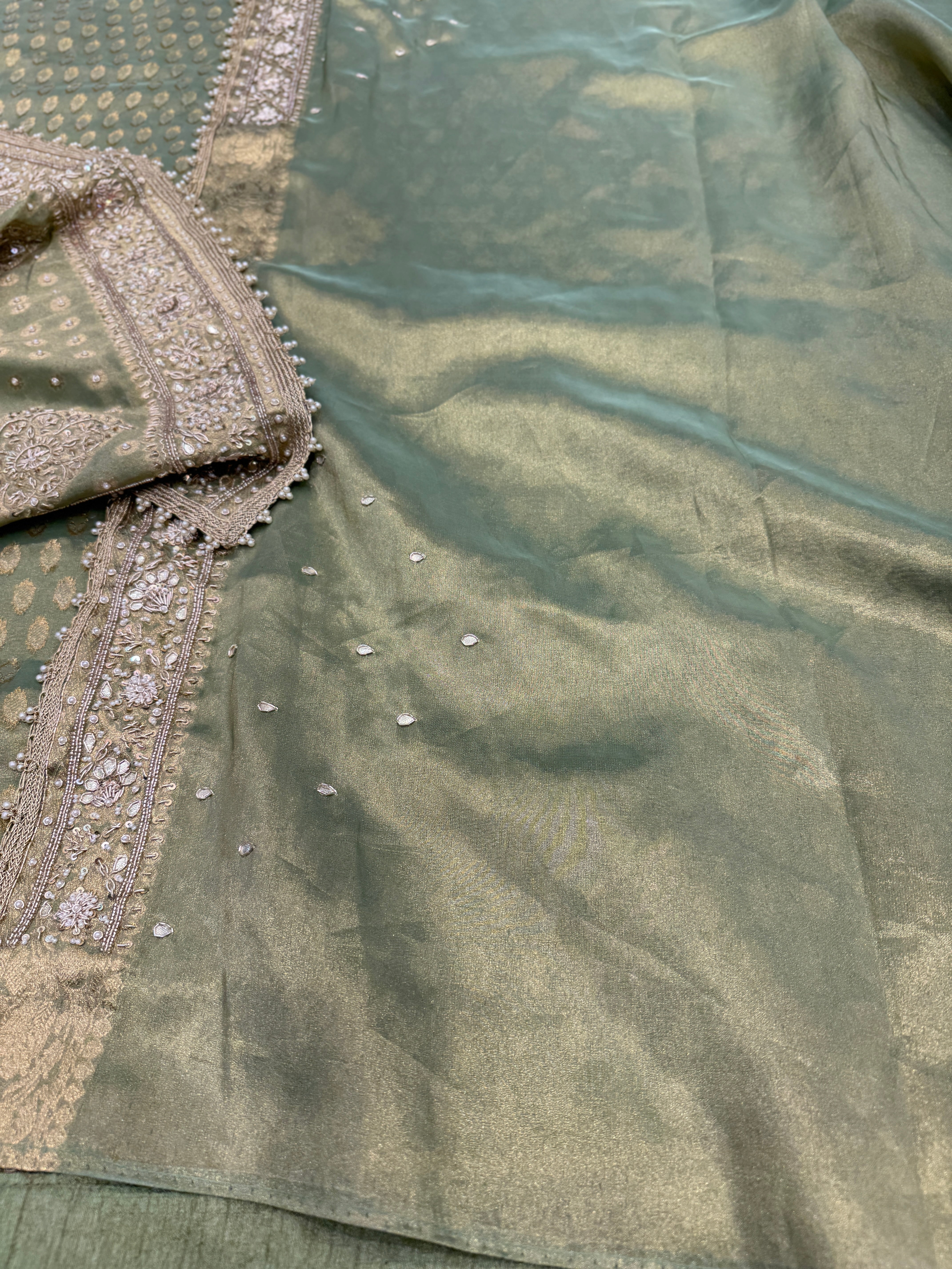 Pista Green Tissue Buttis Zardosi Gota Hand Embroidery Saree
