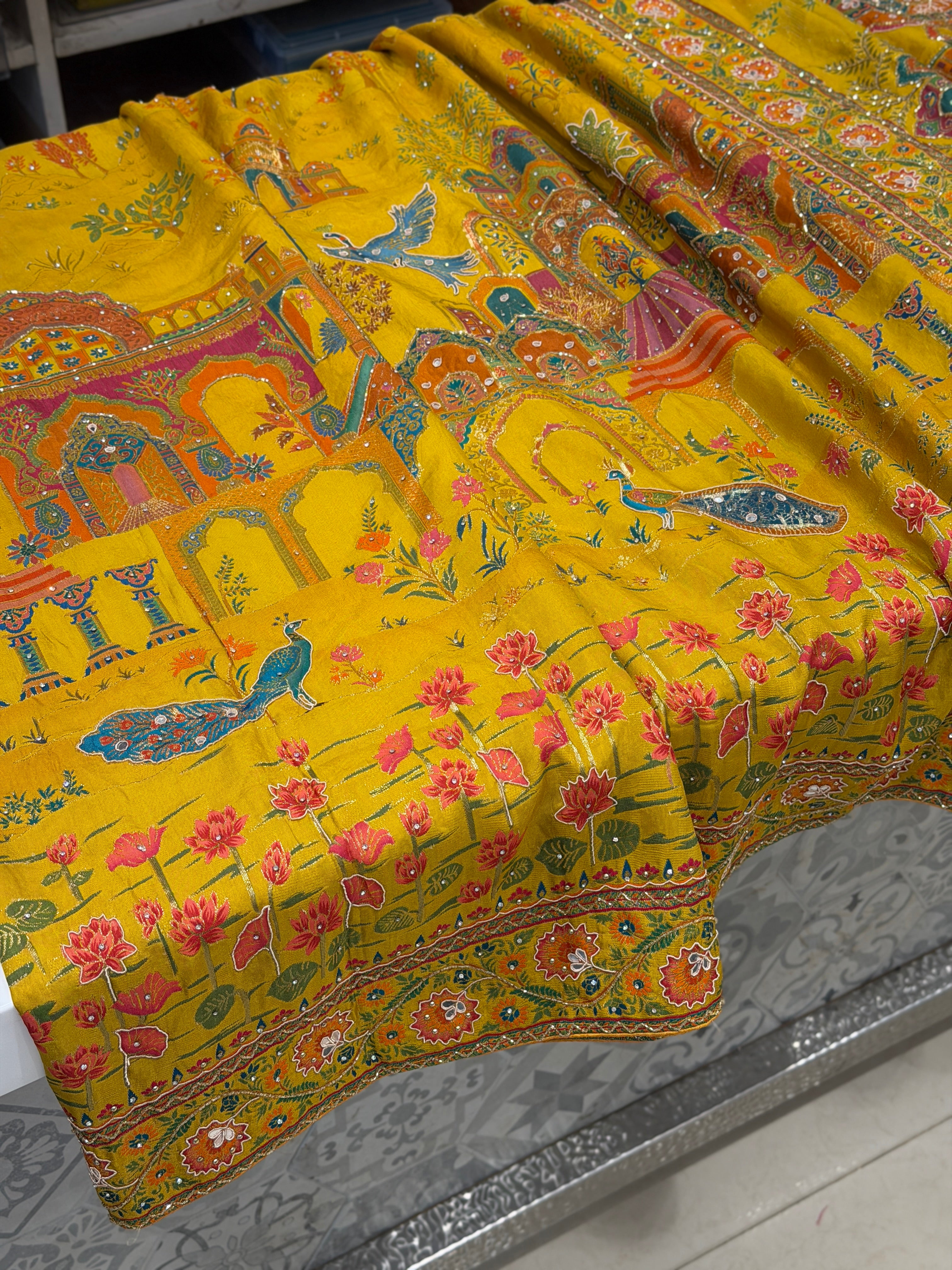 Yellow Palace Landscape Hand Embroidery Pashmina Saree