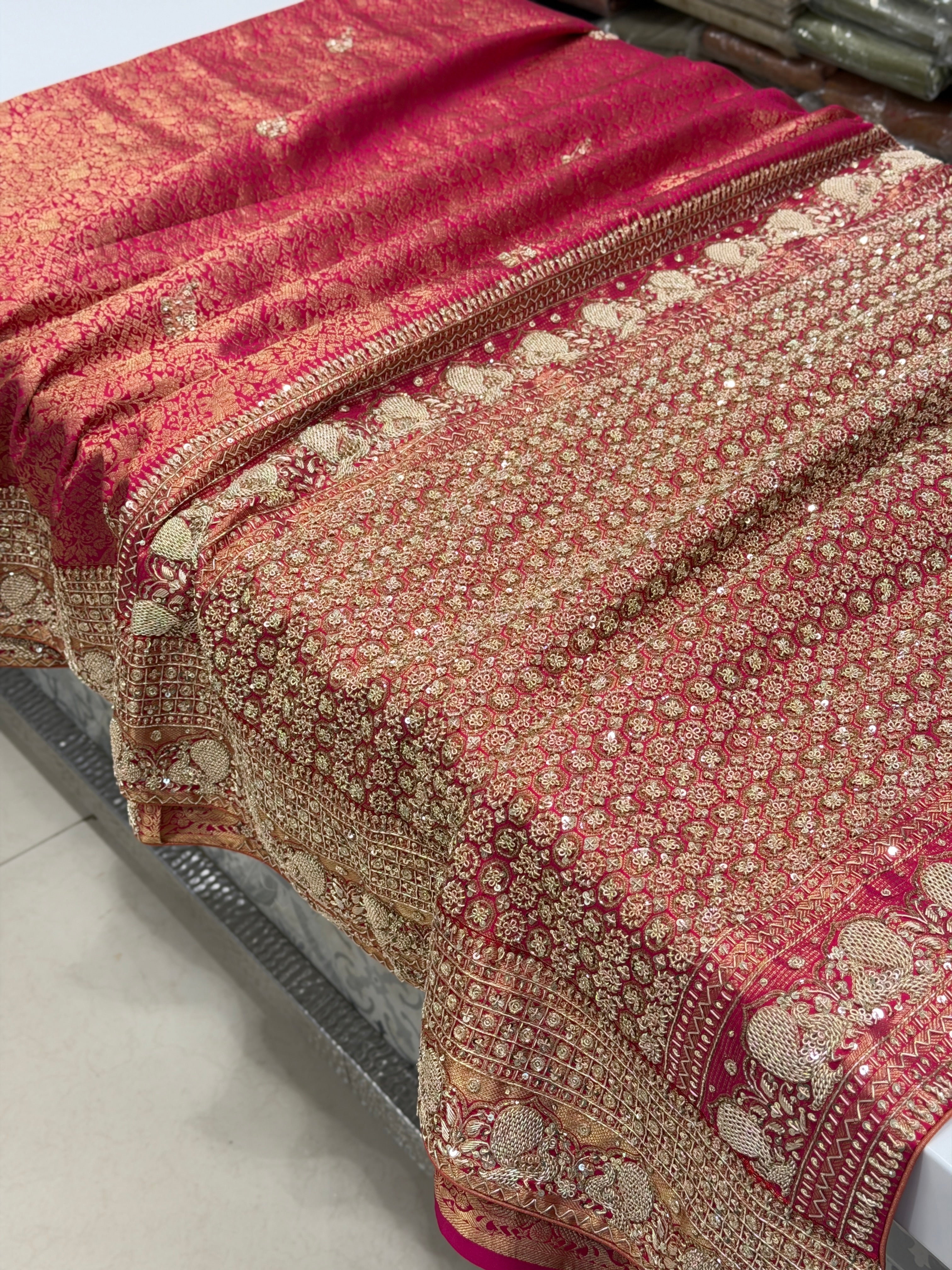Rani Pink Kanjivaram Peacock Motif Zardosi Hand Embroidery Saree