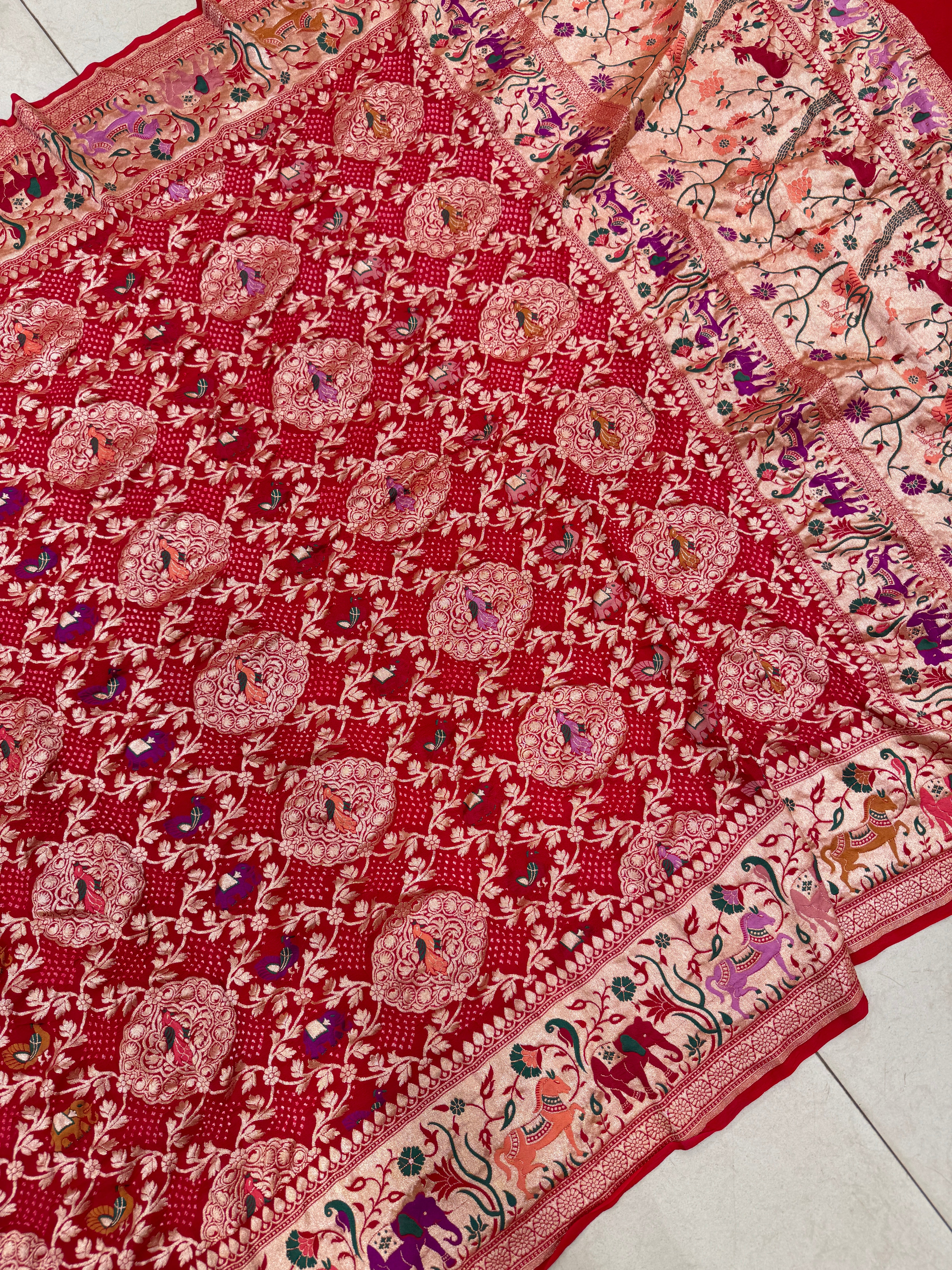 Red Meenakari Rai Bandhej Shikara Saree