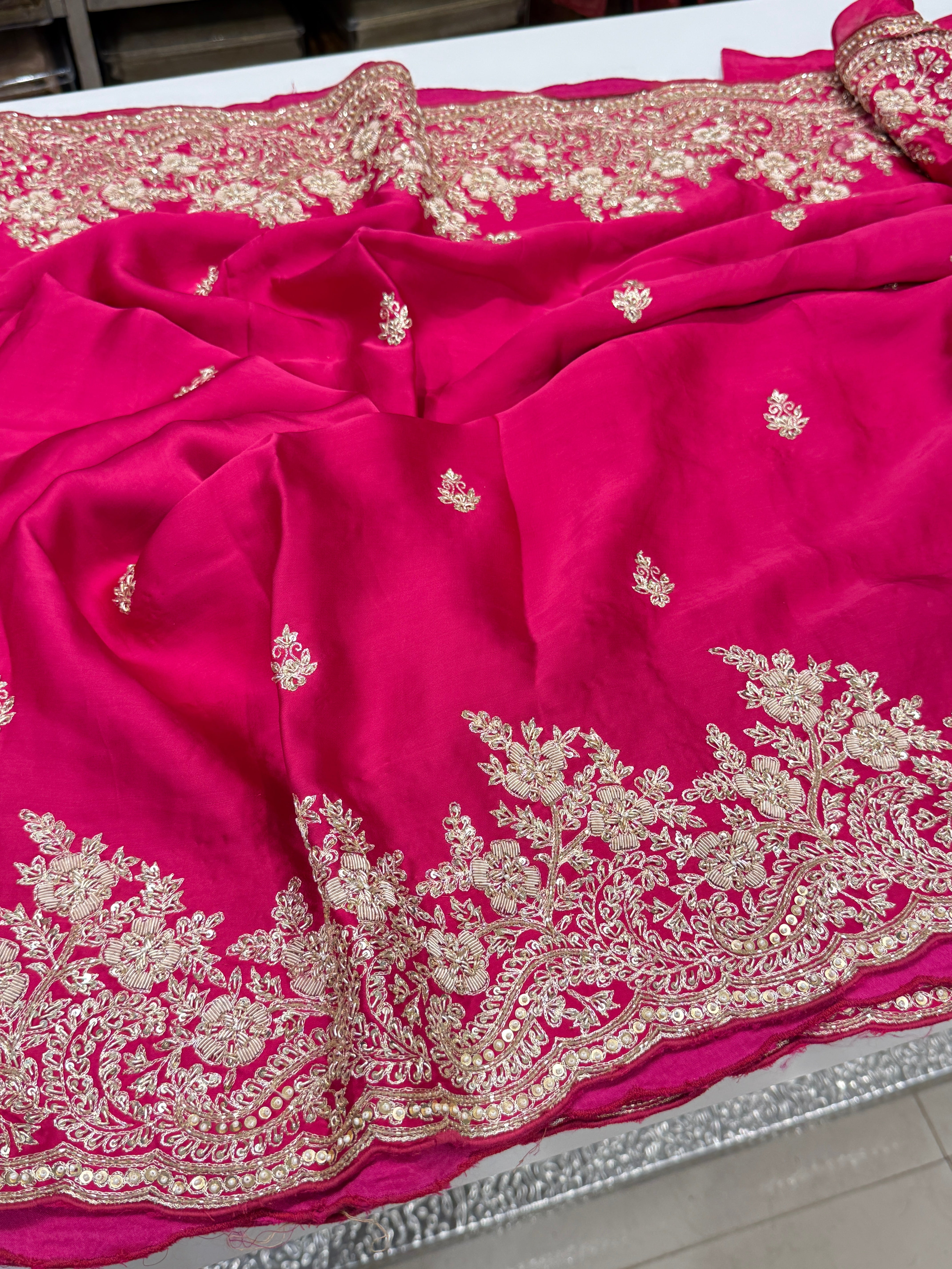 Rani Pink Buttis Satin Hand Embroidery Zardosi Saree