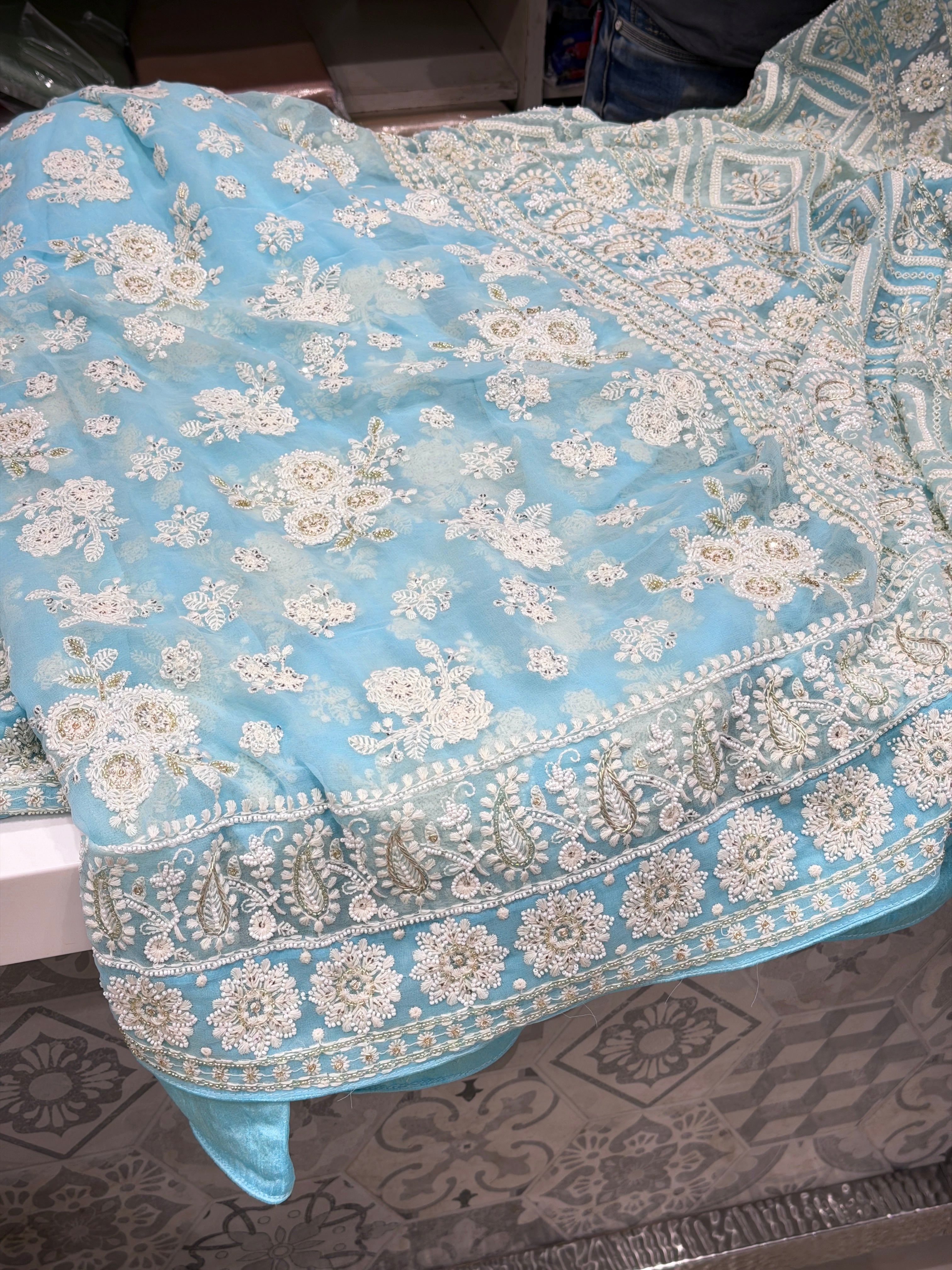 Blue Chikankari Zardosi Moti Hand Embroidery Saree