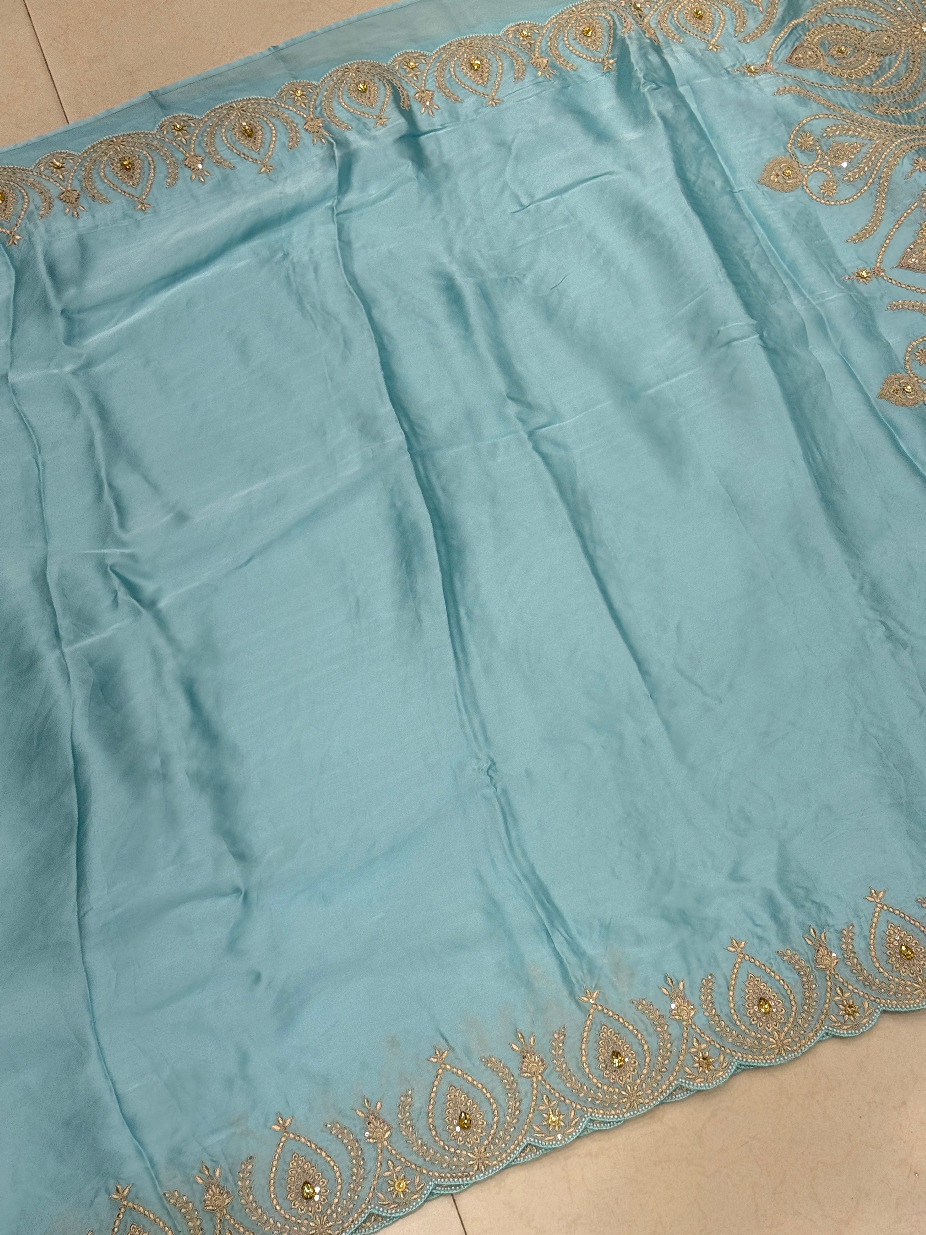 Blue Satin Organza Zari & Thread Embroidery Saree
