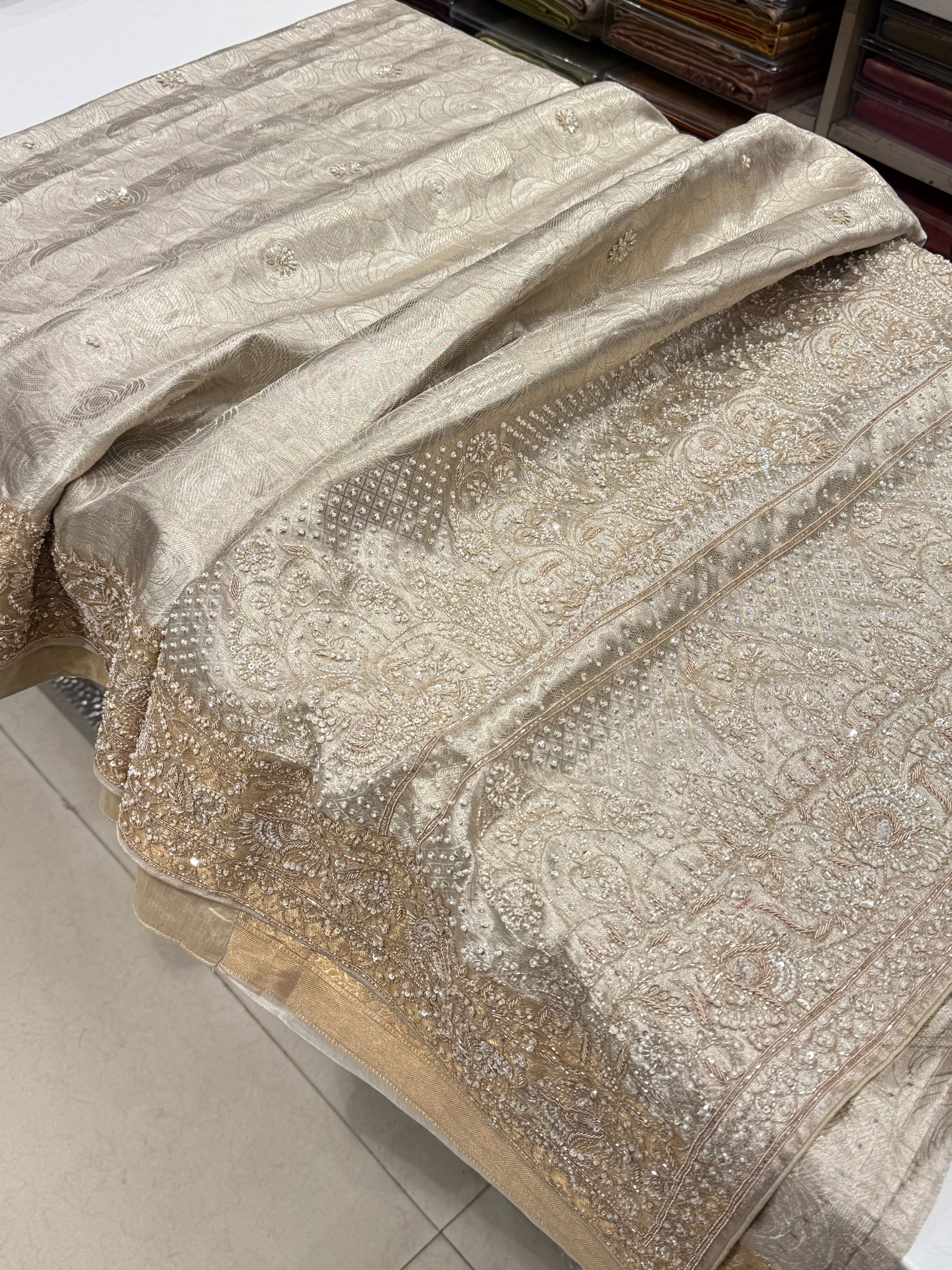 Silver Tissue Kanjivaram Zardosi Moti Hand Embroidery Saree