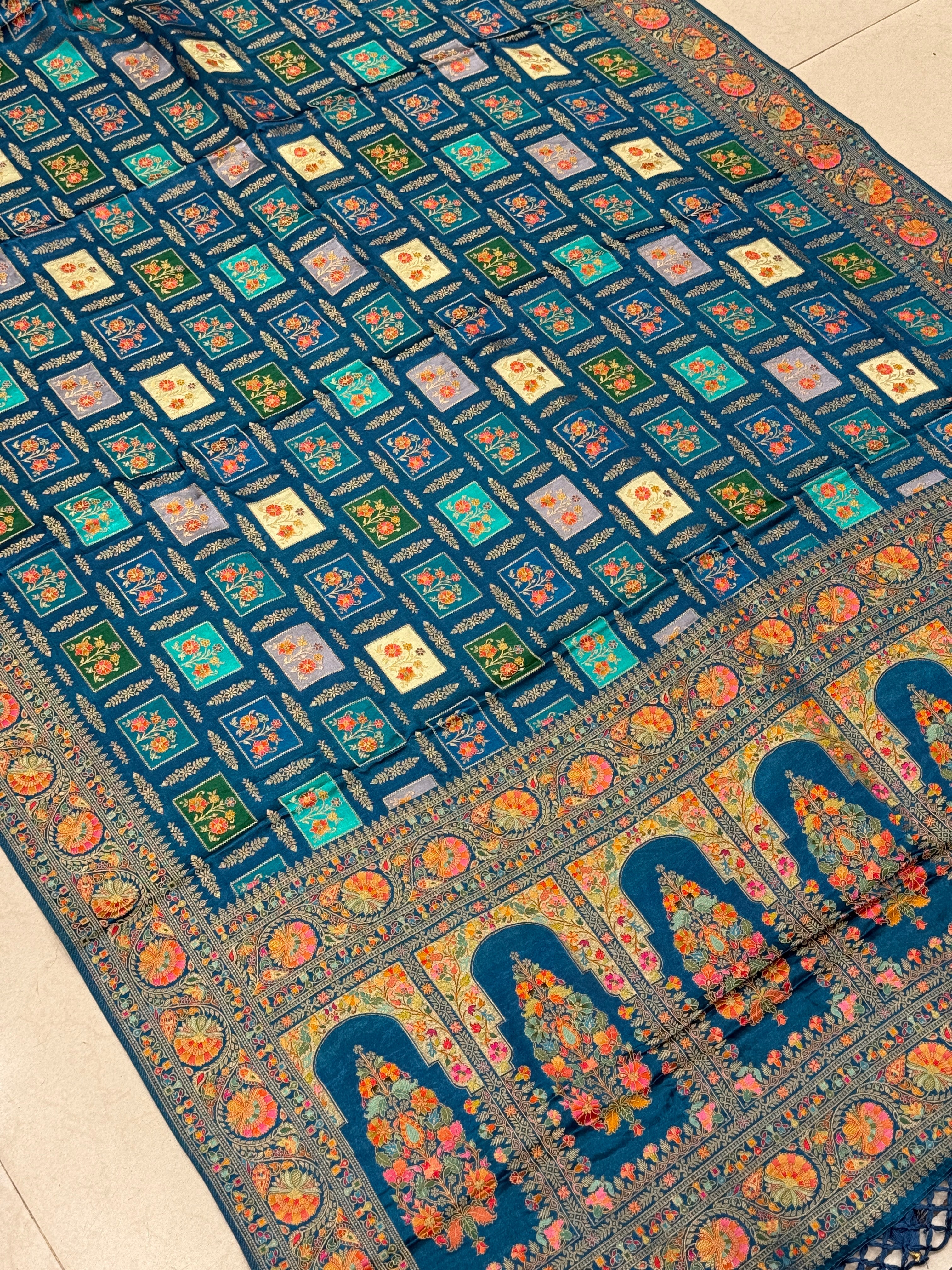 Rama Blue Box Check Banarasi Modal Satin Rangkat Saree