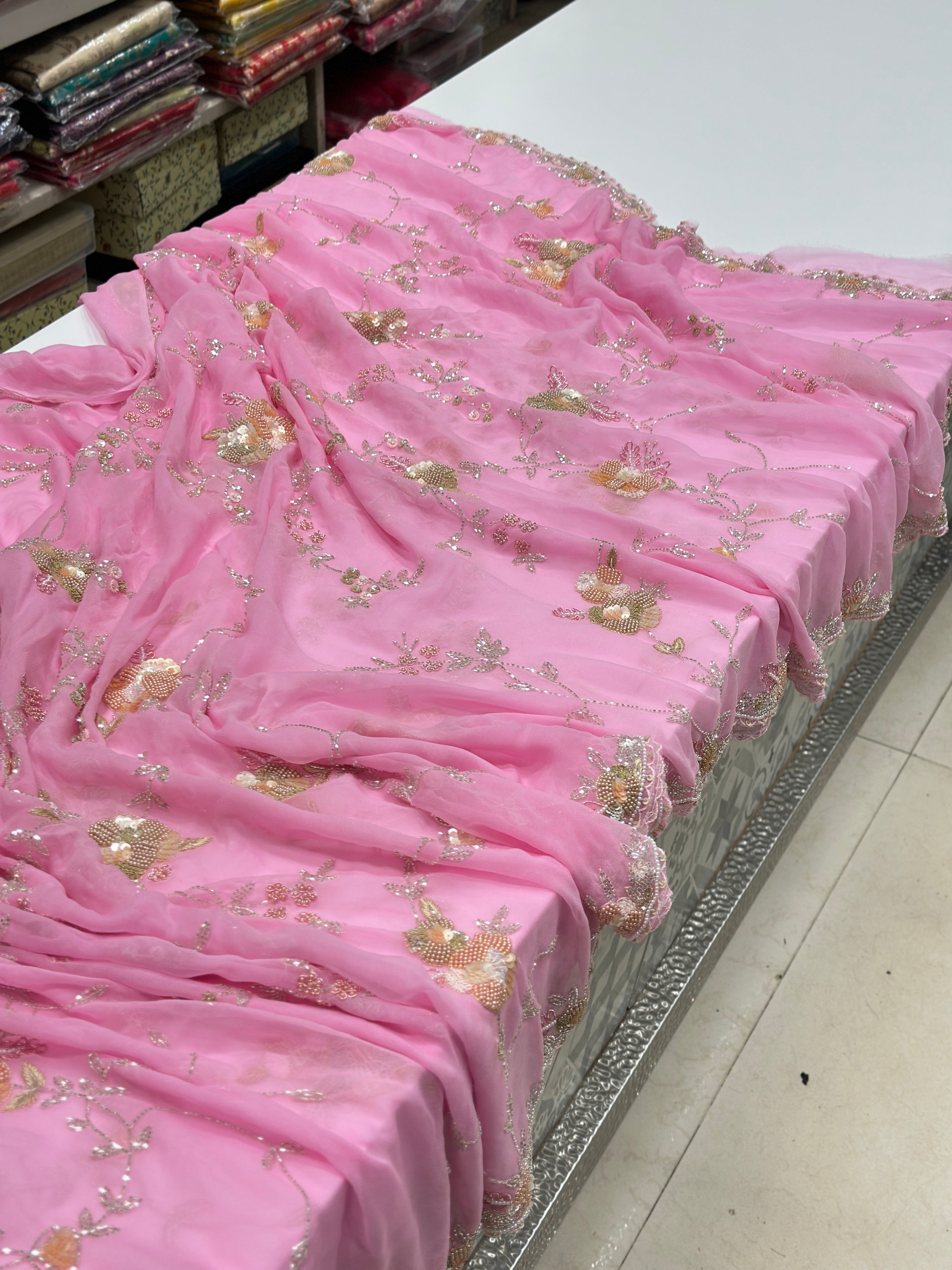 Pink Georgette Sequin Jaal Saree